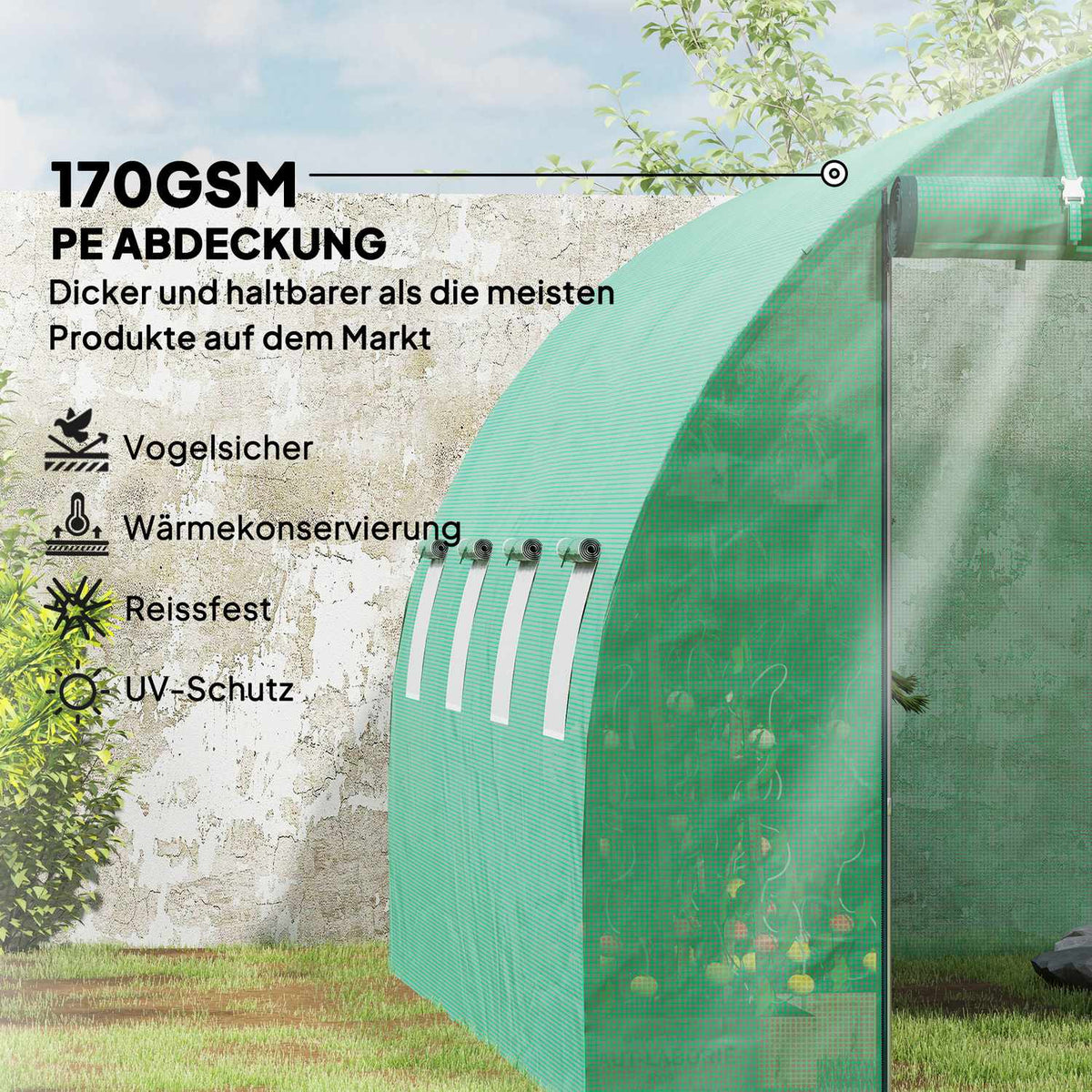 Greenhouse approx. 4 x 3 x 2 m film greenhouse with 8 windows, roller door, roll-up side walls, UV-resistant film tunnel, winterproof tomato house with ground anchor, green