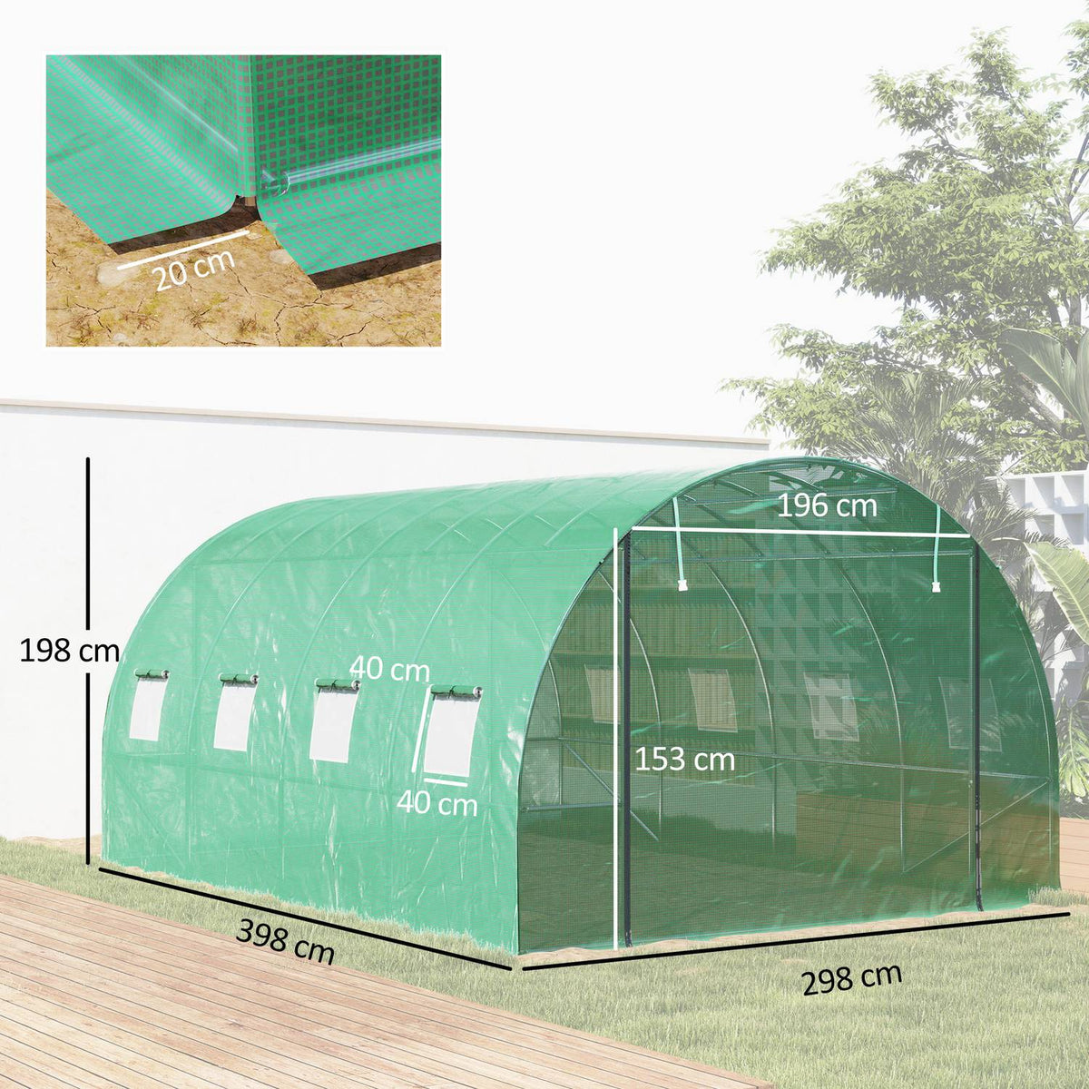 Greenhouse approx. 4 x 3 x 2 m film greenhouse with 8 windows, roller door, roll-up side walls, UV-resistant film tunnel, winterproof tomato house with ground anchor, green