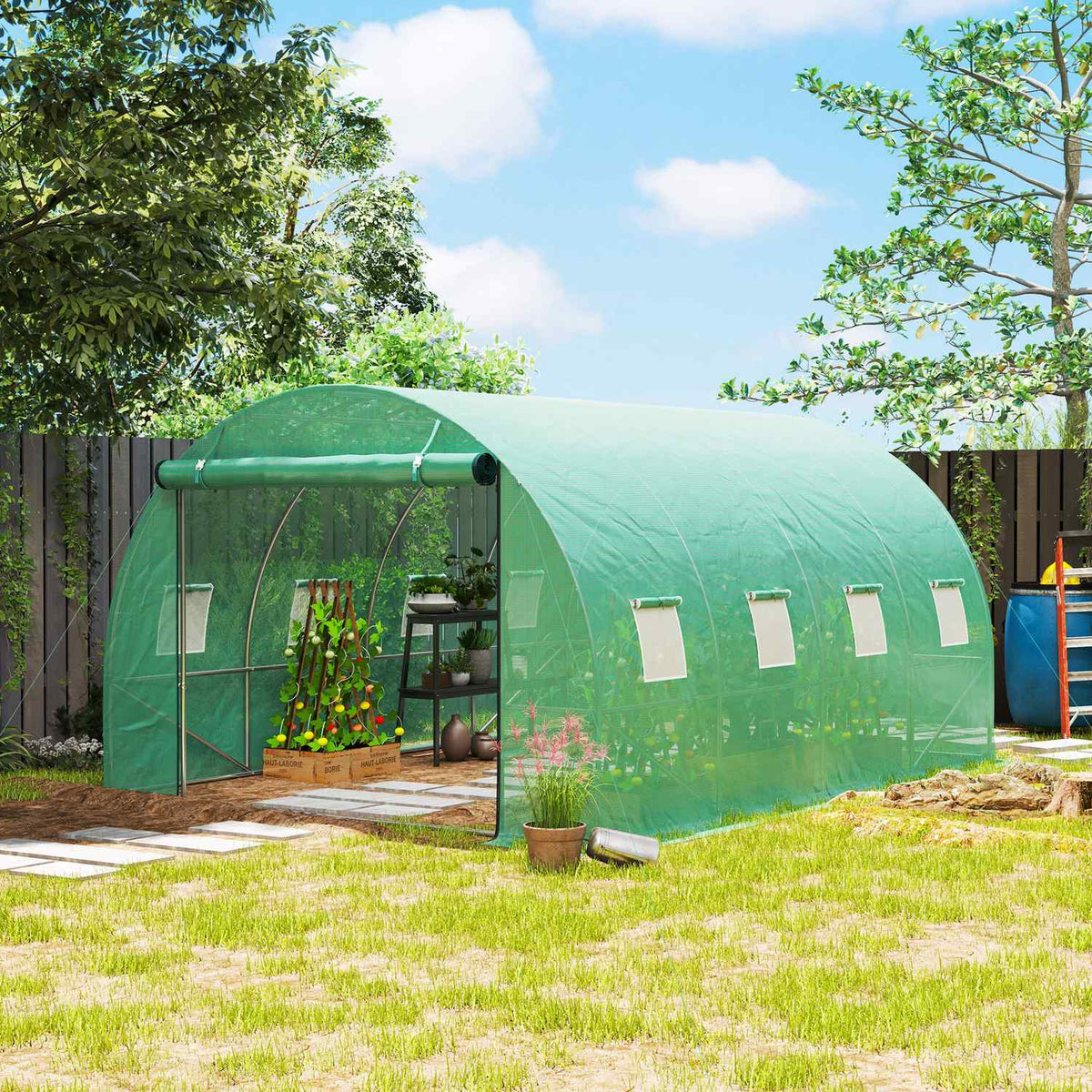 Greenhouse approx. 4 x 3 x 2 m film greenhouse with 8 windows, roller door, roll-up side walls, UV-resistant film tunnel, winterproof tomato house with ground anchor, green