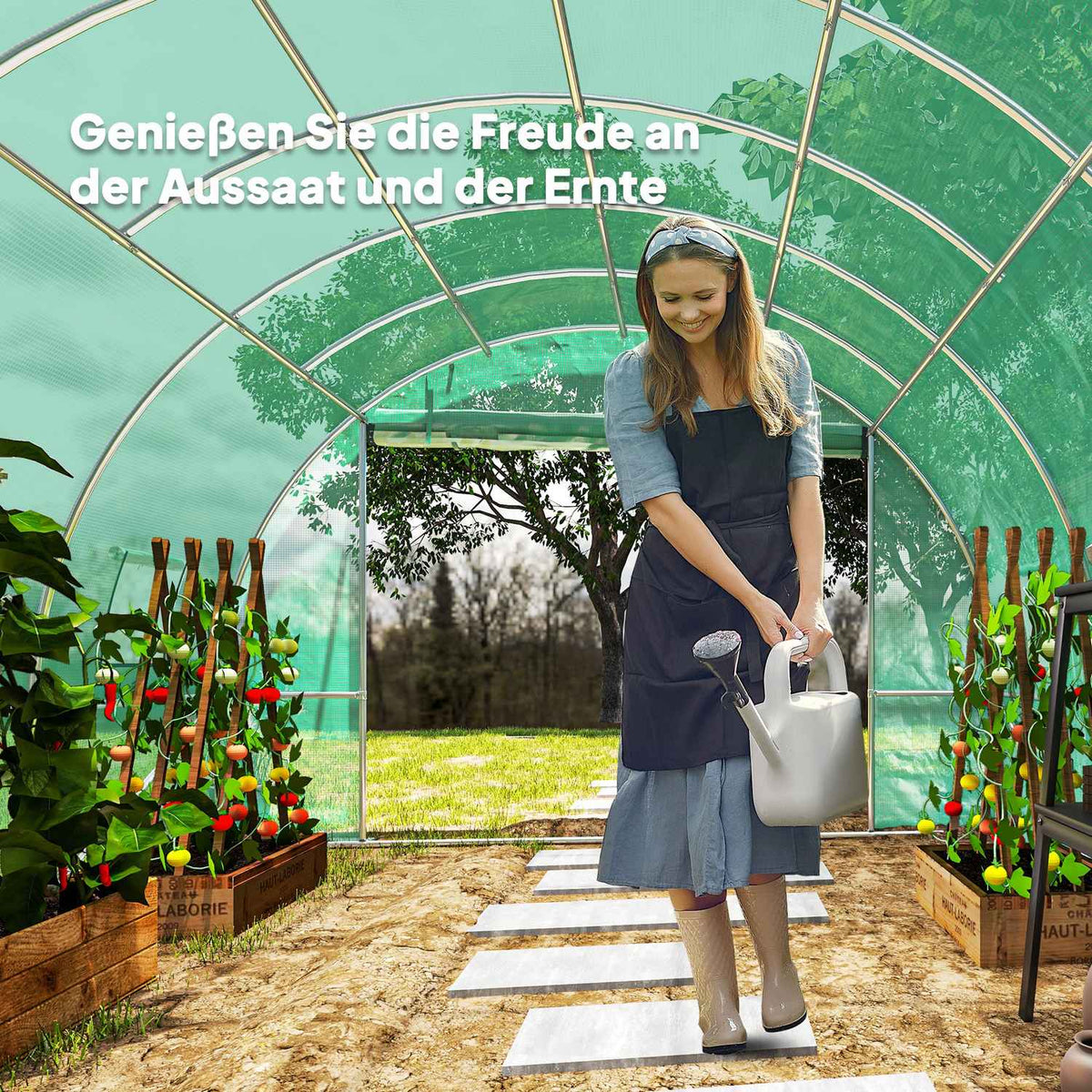 Greenhouse approx. 4 x 3 x 2 m film greenhouse with 8 windows, roller door, roll-up side walls, UV-resistant film tunnel, winterproof tomato house with ground anchor, green