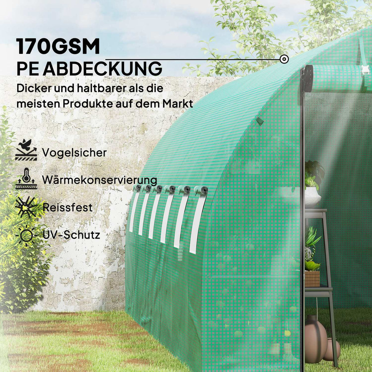 Greenhouse approx. 6 x 3 x 2 m film greenhouse with 12 windows, roller door, roll-up side walls, UV-resistant film tunnel, winterproof tomato house with ground anchor, green
