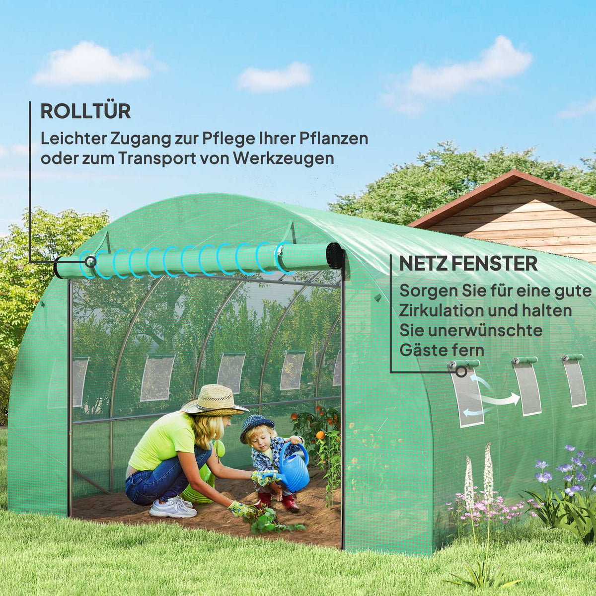 Greenhouse approx. 6 x 3 x 2 m film greenhouse with 12 windows, roller door, roll-up side walls, UV-resistant film tunnel, winterproof tomato house with ground anchor, green