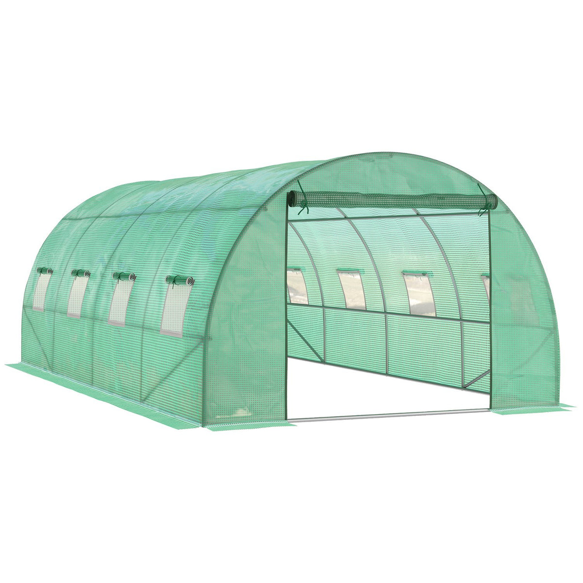 Greenhouse approx. 6 x 3 x 2 m film greenhouse with 8 windows, roller door, roll-up side walls, UV-resistant film tunnel, winterproof tomato house with ground anchor, green