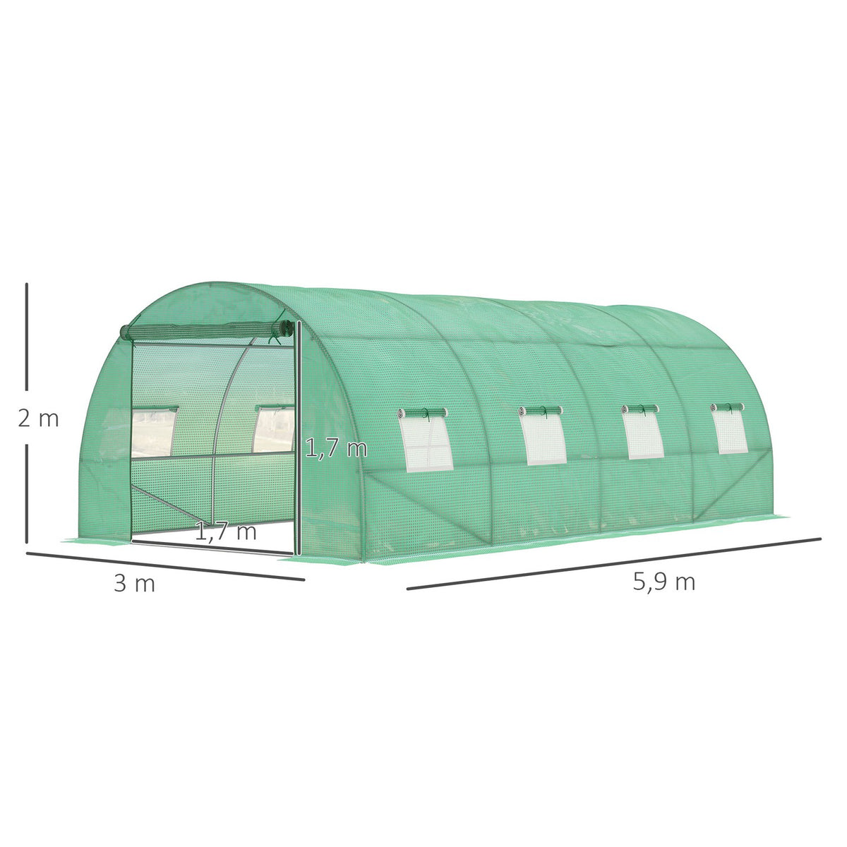 Greenhouse approx. 6 x 3 x 2 m film greenhouse with 8 windows, roller door, roll-up side walls, UV-resistant film tunnel, winterproof tomato house with ground anchor, green