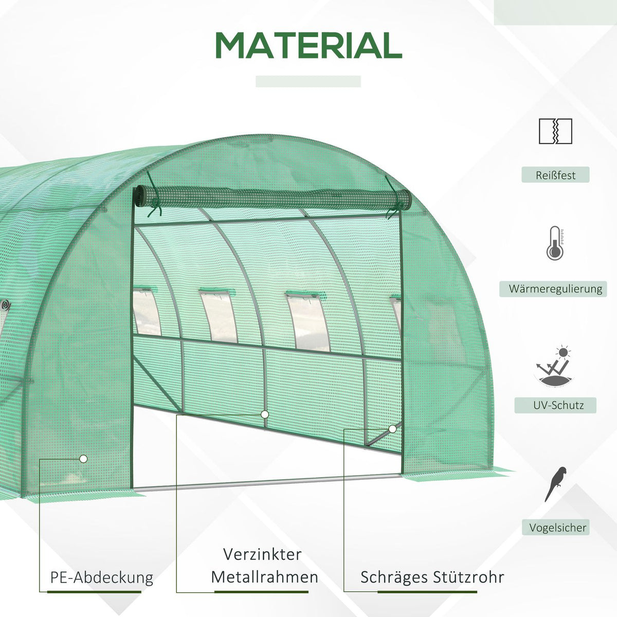 Greenhouse approx. 6 x 3 x 2 m film greenhouse with 8 windows, roller door, roll-up side walls, UV-resistant film tunnel, winterproof tomato house with ground anchor, green