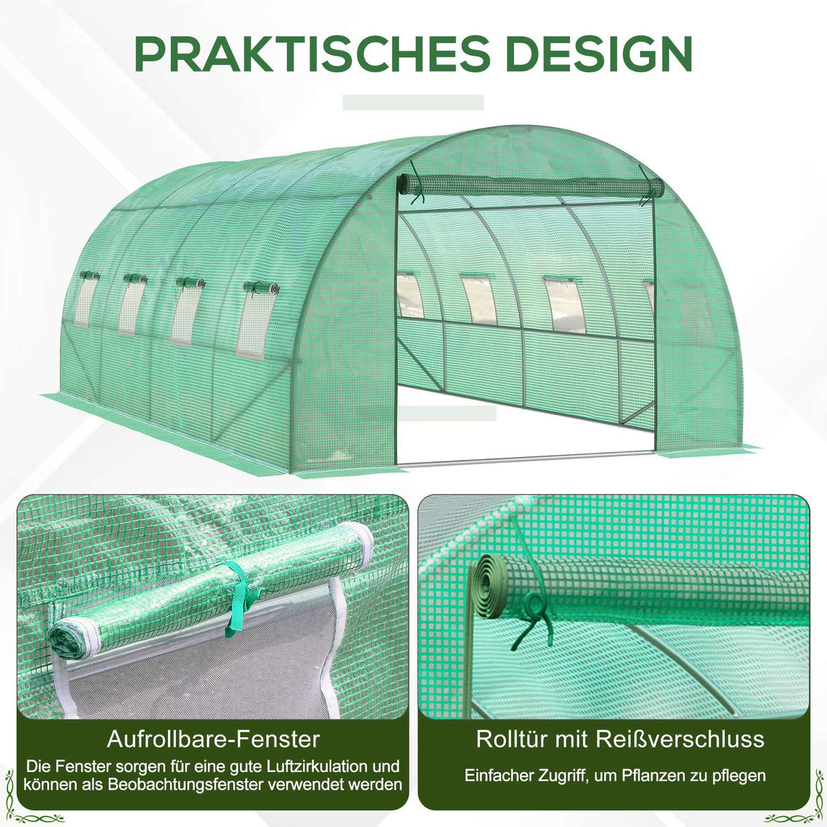 Greenhouse approx. 6 x 3 x 2 m film greenhouse with 8 windows, roller door, roll-up side walls, UV-resistant film tunnel, winterproof tomato house with ground anchor, green