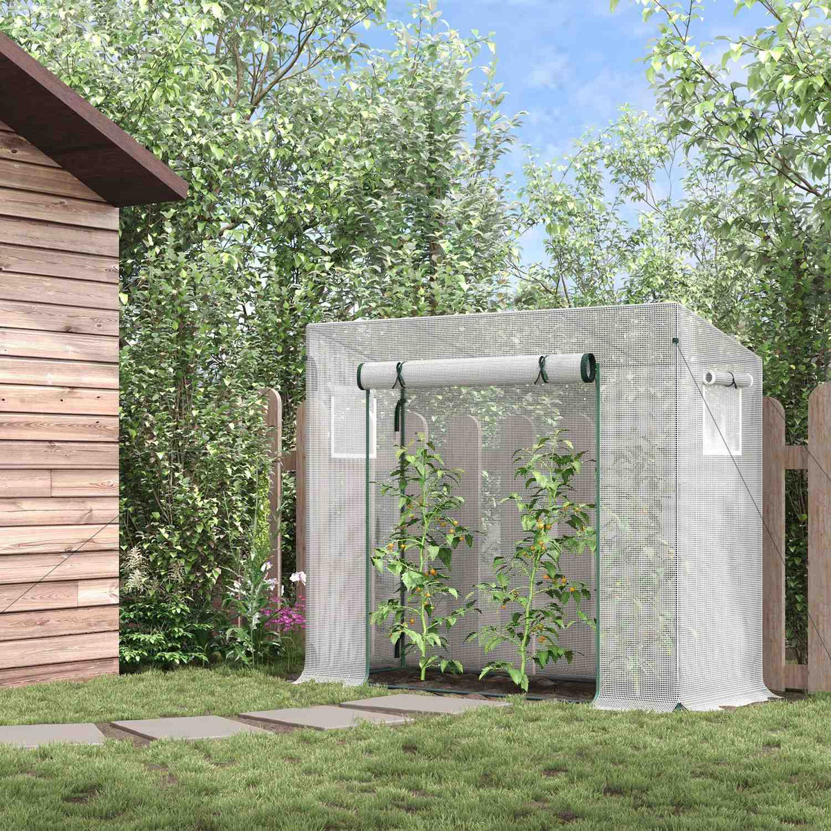 Greenhouse film greenhouse 200x68x196cm with roller door & side window, windproof, steel & PE, ideal for garden plants