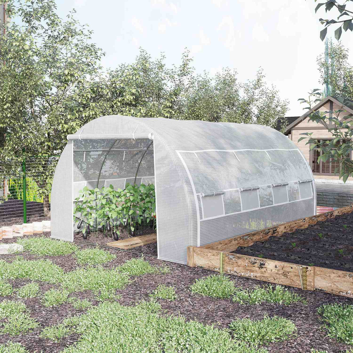 Greenhouse film greenhouse 3.97 x 3.02 x 2 m with UV protection, windproof tomato house with steel side door in white