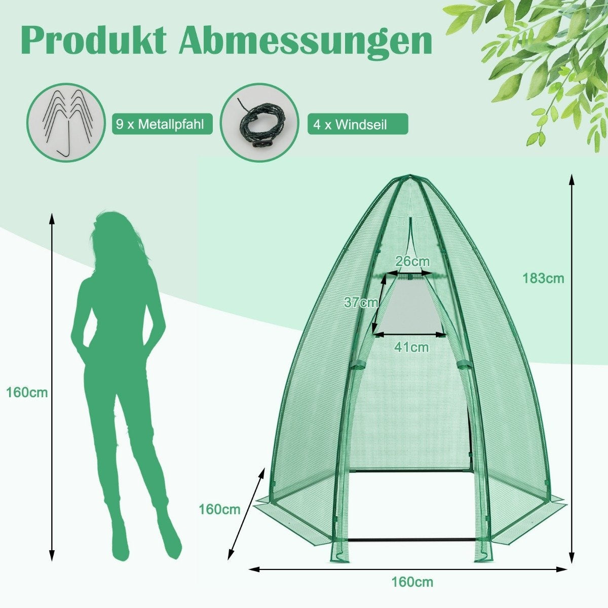 Greenhouse garden greenhouse with all-weather PE cover 160 x 160 x 183 cm green