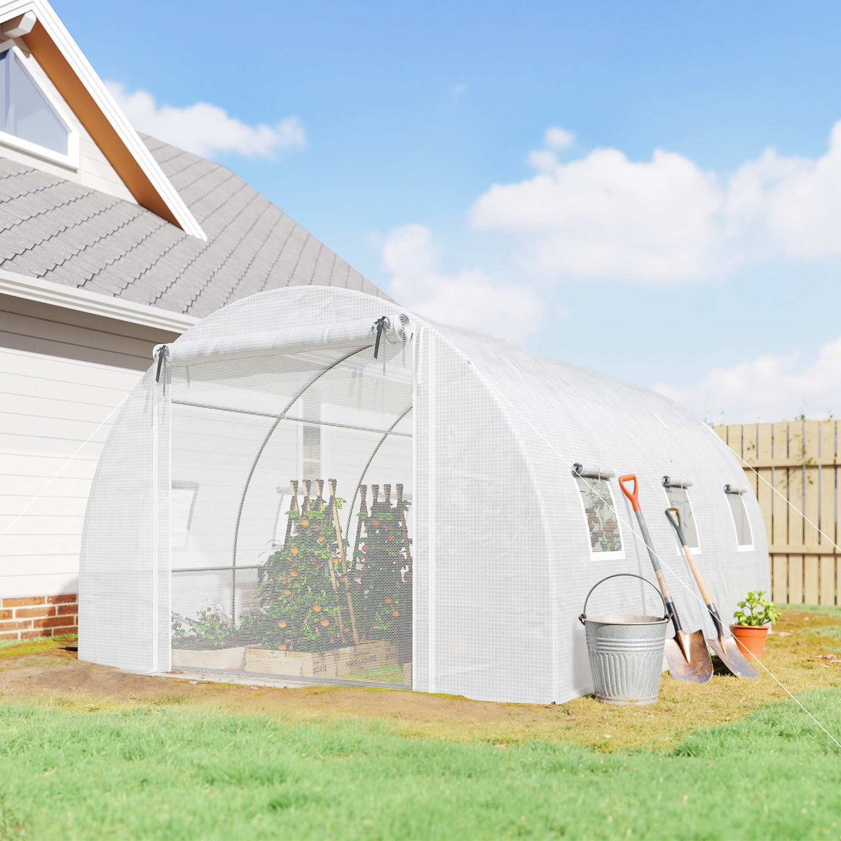 Greenhouse with PE Cover, Mesh Door, Support Rods, White