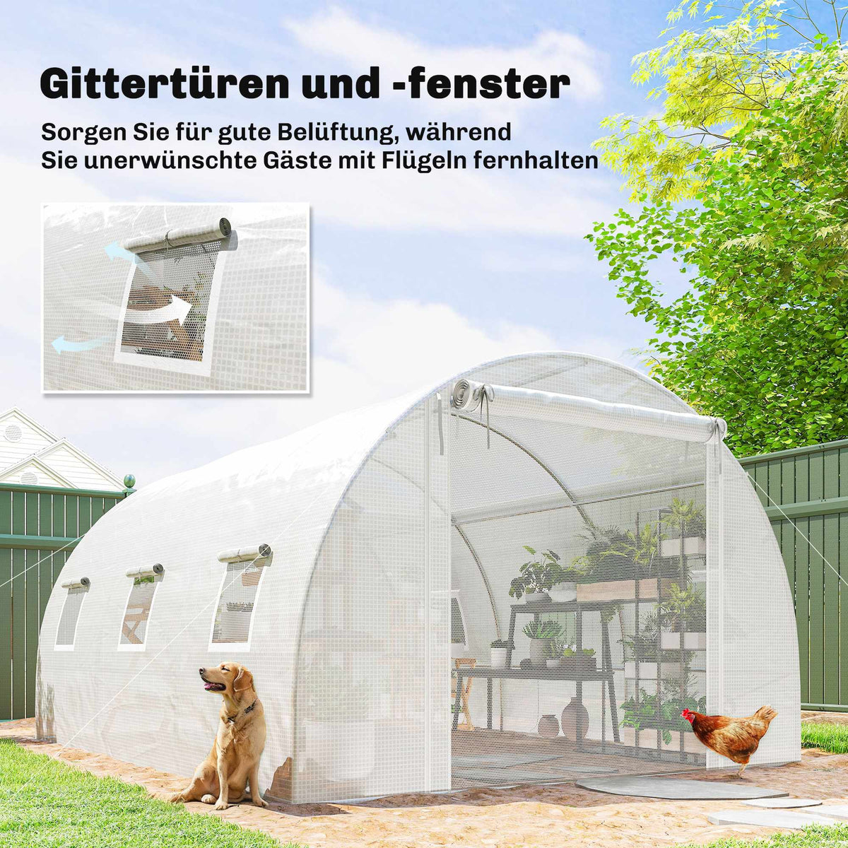 Greenhouse with PE Cover, Mesh Door, Support Rods, White
