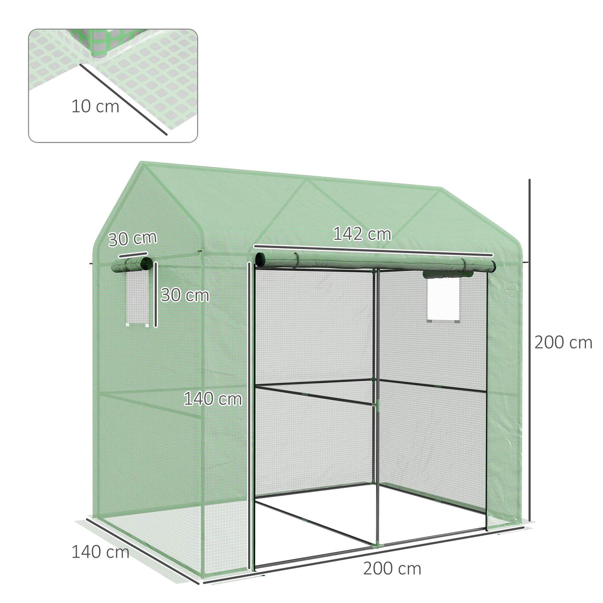 Greenhouse with Roll-Up Door, 200 x 200 x 140 cm, Green