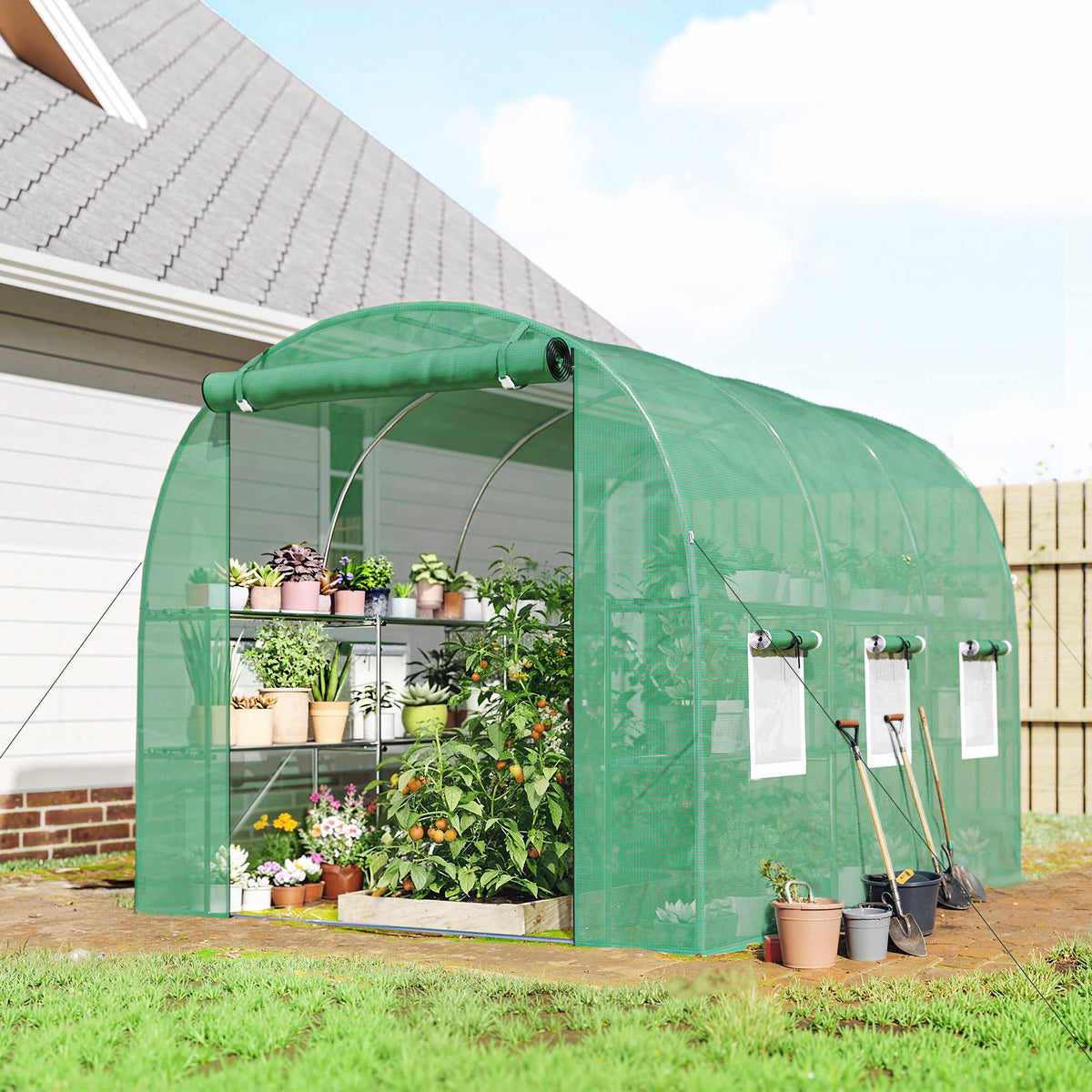 Greenhouse with Shelves, Roll-Up Door, 6 Mesh Windows