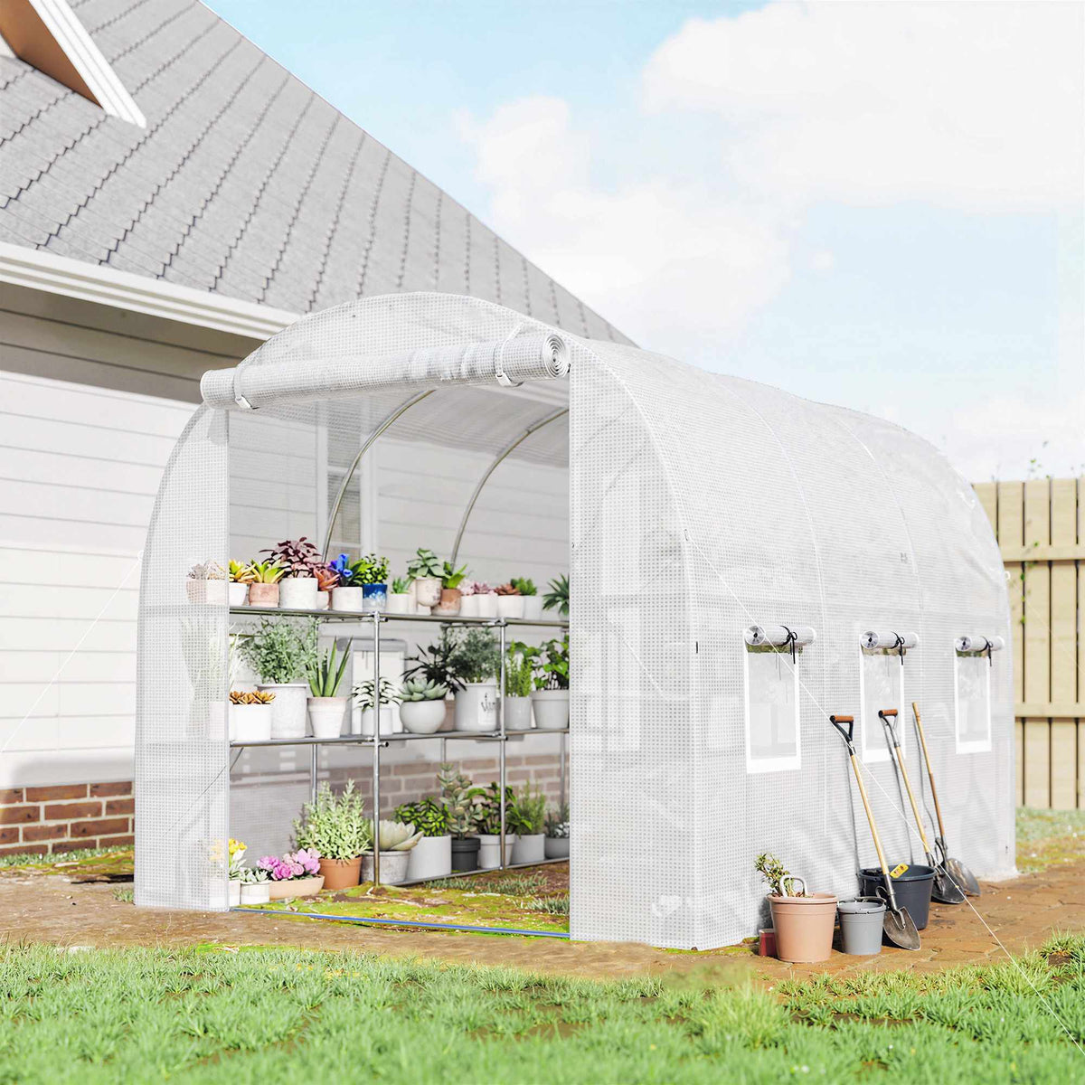 Greenhouse with Shelves, Roll-Up Door, 6 Mesh Windows