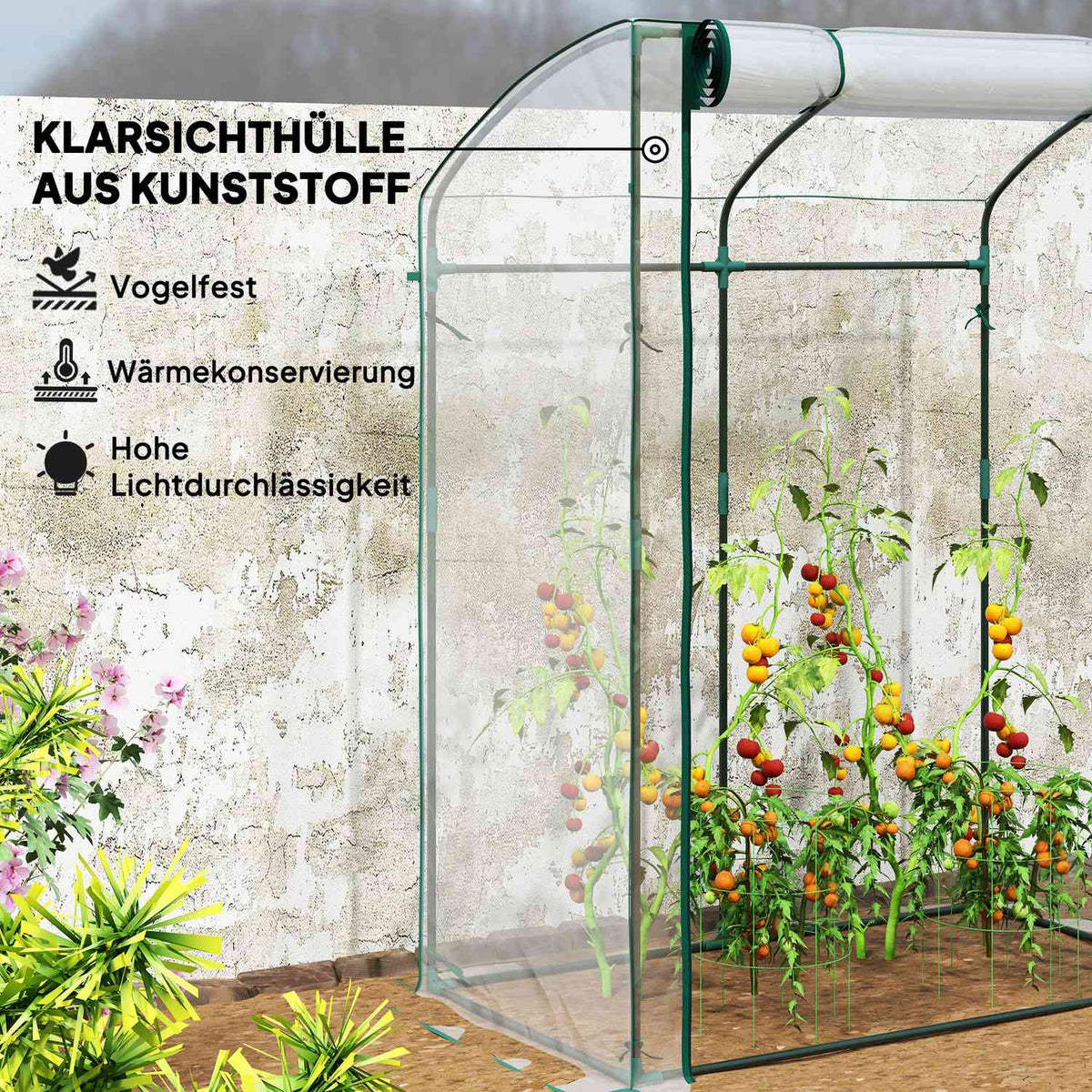 Greenhouse with door, curved roof, winterproof, foil greenhouse made of steel, greenhouse for balcony, garden, tomato house 128 x 70 x 170 cm, tomato greenhouse for tomatoes, flowers, transparent