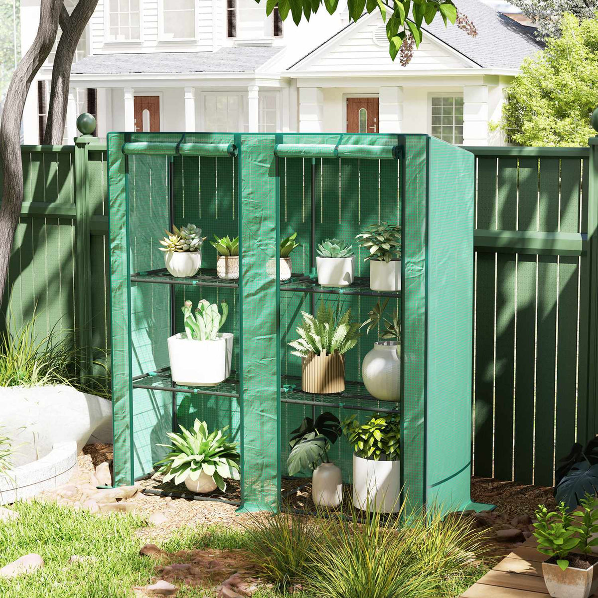 Greenhouse with pent roof, double door, shelves, winterproof foil greenhouse made of steel, greenhouse for balcony, garden, tomato house 144 x 48 x 152 cm, tomato greenhouse for tomatoes, vegetables, green