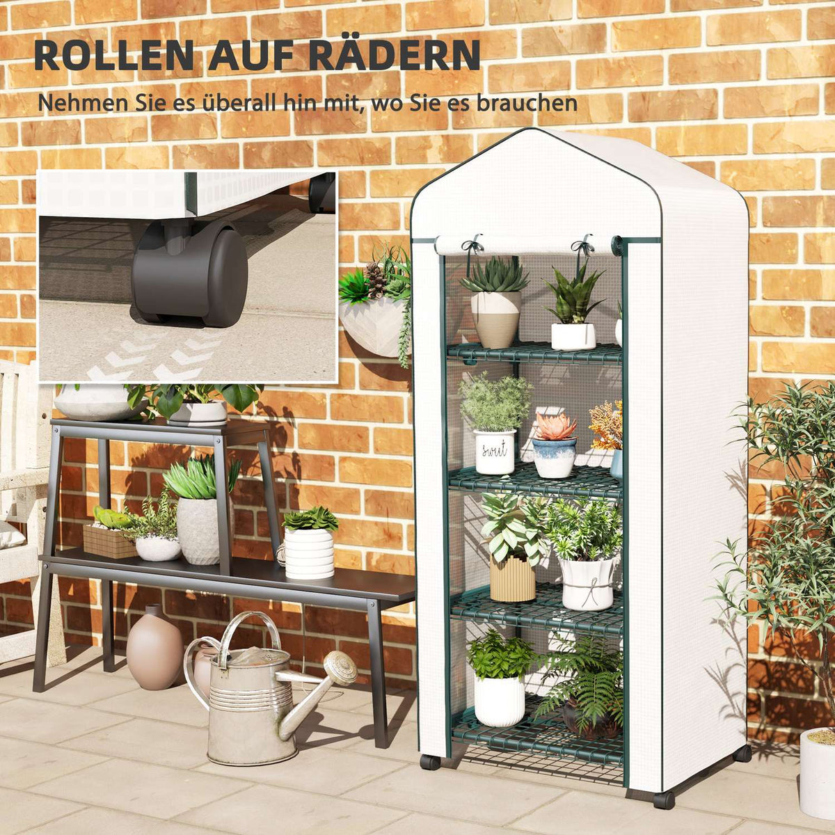 Greenhouse with roller, shelves, winterproof foil greenhouse made of steel, greenhouse for balcony, garden, tomato house 69 x 50 x 165 cm, tomato greenhouse for tomatoes, flowers, plants, white