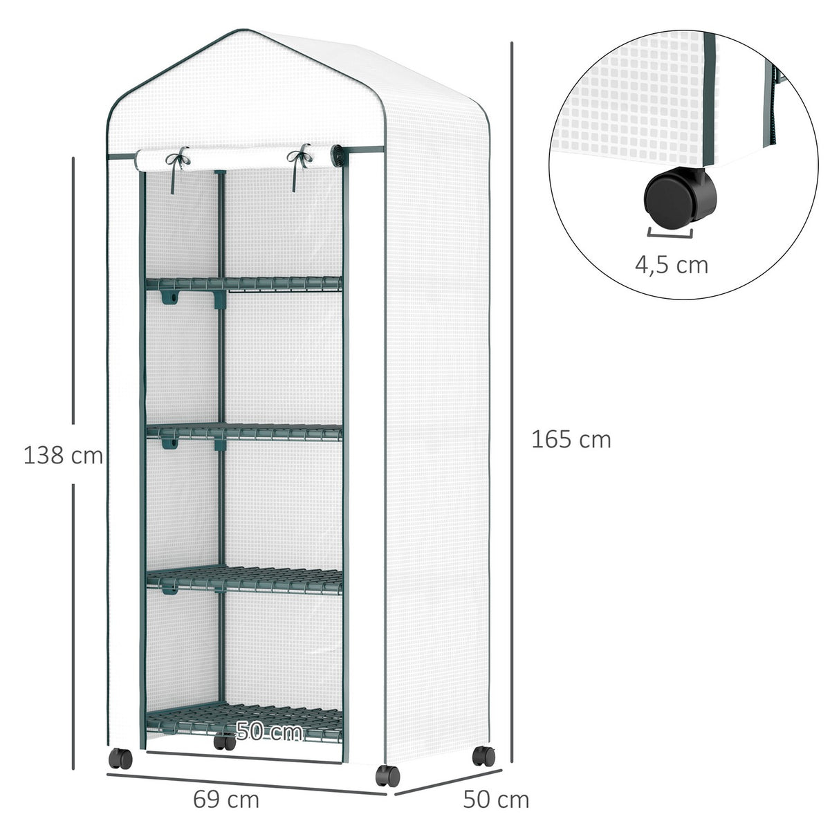 Greenhouse with roller, shelves, winterproof foil greenhouse made of steel, greenhouse for balcony, garden, tomato house 69 x 50 x 165 cm, tomato greenhouse for tomatoes, flowers, plants, white