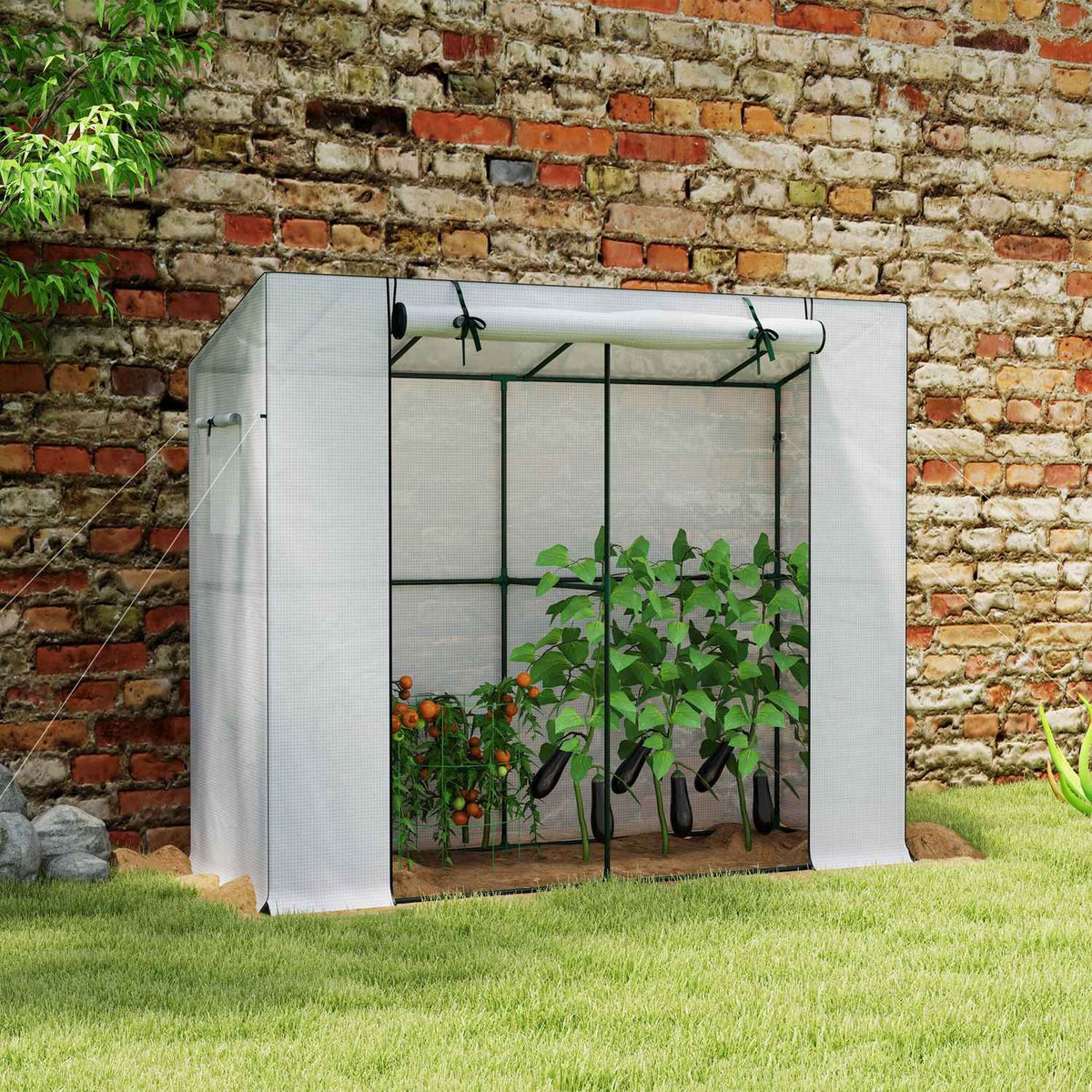 Greenhouse with rolling door, 2 windows, winterproof film greenhouse made of steel, greenhouse for balcony, garden, tomato house with UV protection 200x76x170cm tomato greenhouse for vegetables flowers, white