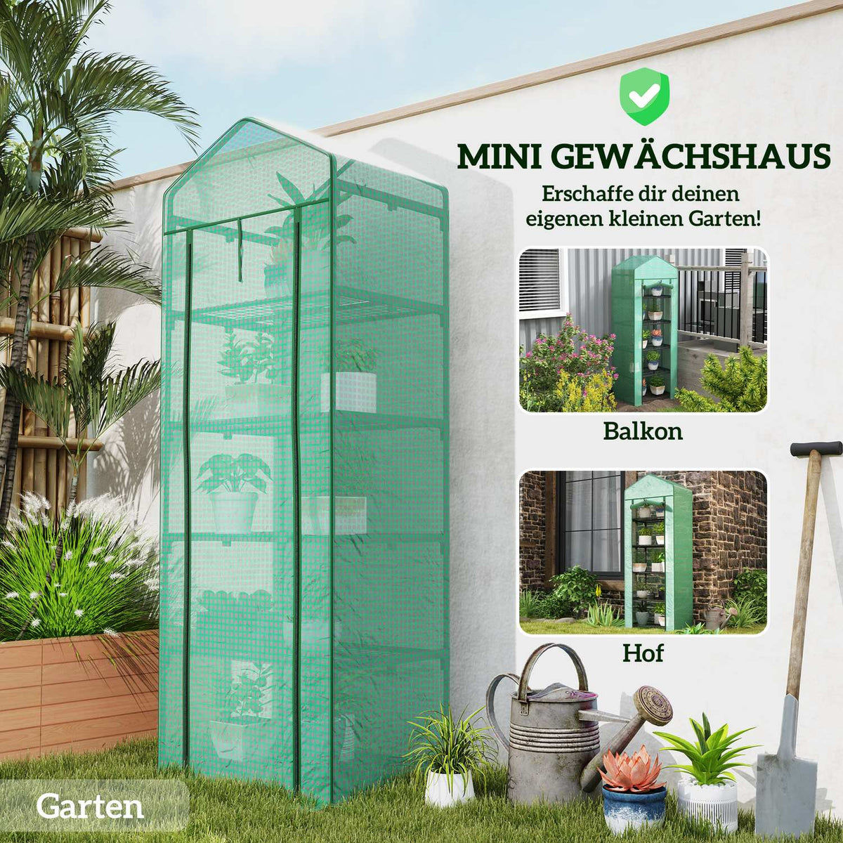 Greenhouse with rolling door, shelves, winterproof foil greenhouse made of steel, greenhouse for balcony, garden, tomato house 69 x 49 x 193 cm, tomato greenhouse for tomatoes, vegetables, flowers, green