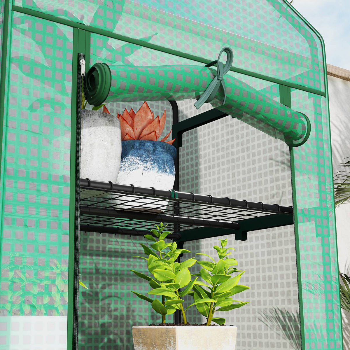 Greenhouse with rolling door, shelves, winterproof foil greenhouse made of steel, greenhouse for balcony, garden, tomato house 69 x 49 x 193 cm, tomato greenhouse for tomatoes, vegetables, flowers, green