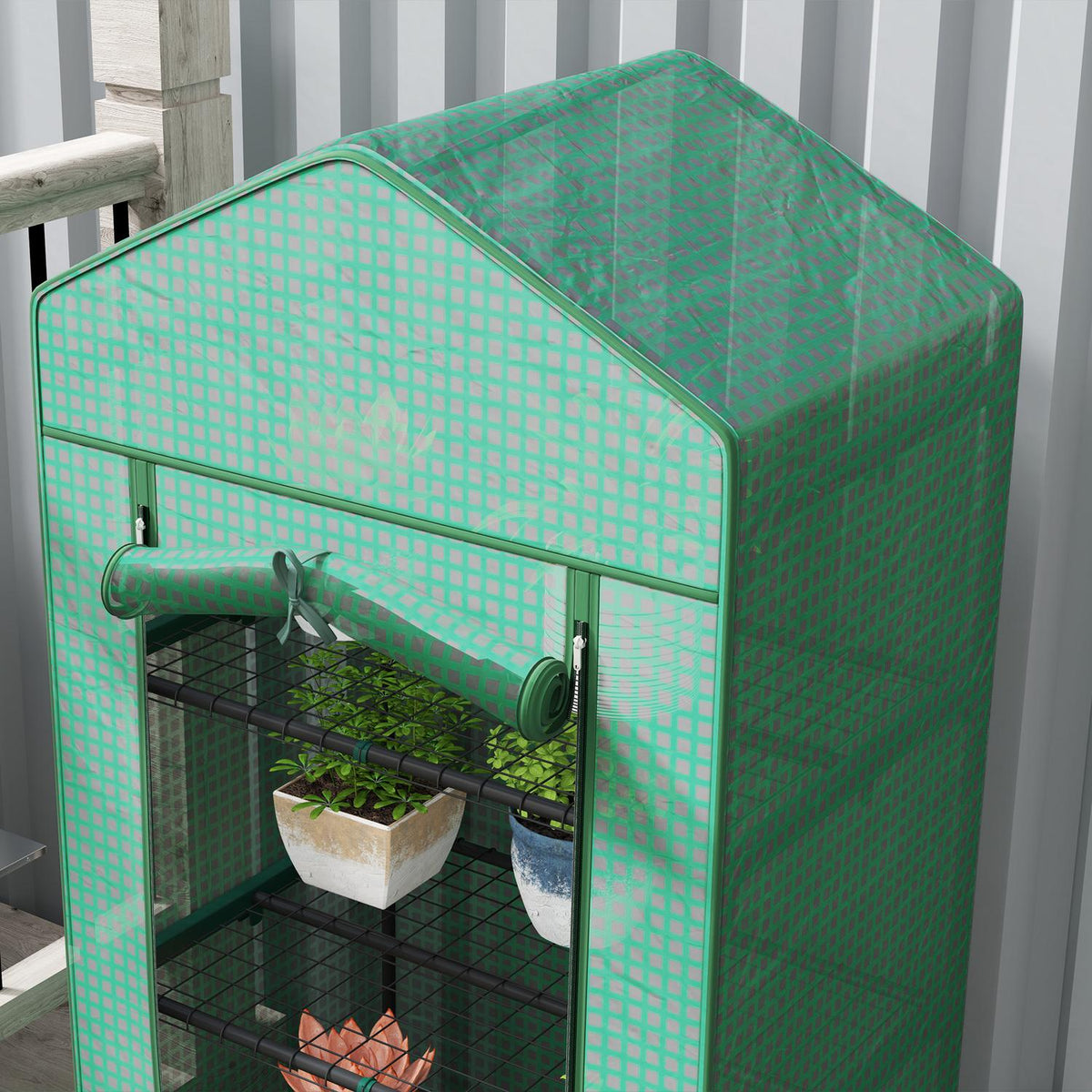 Greenhouse with rolling door, shelves, winterproof foil greenhouse made of steel, greenhouse for balcony, garden, tomato house 69 x 49 x 193 cm, tomato greenhouse for tomatoes, vegetables, flowers, green