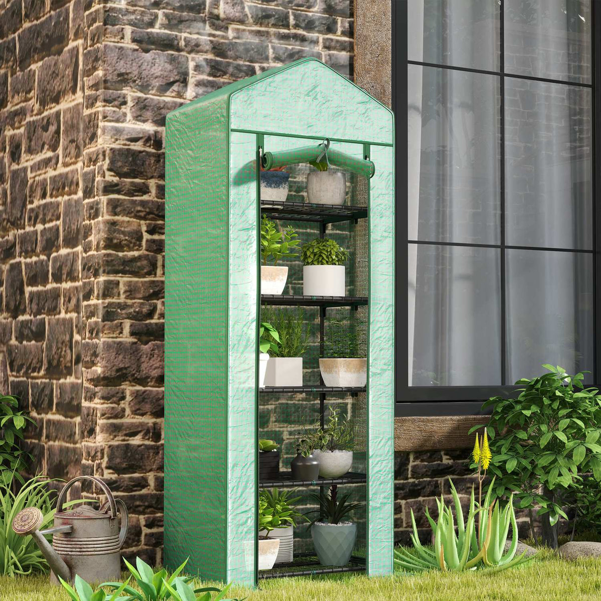 Greenhouse with rolling door, shelves, winterproof foil greenhouse made of steel, greenhouse for balcony, garden, tomato house 69 x 49 x 193 cm, tomato greenhouse for tomatoes, vegetables, flowers, green