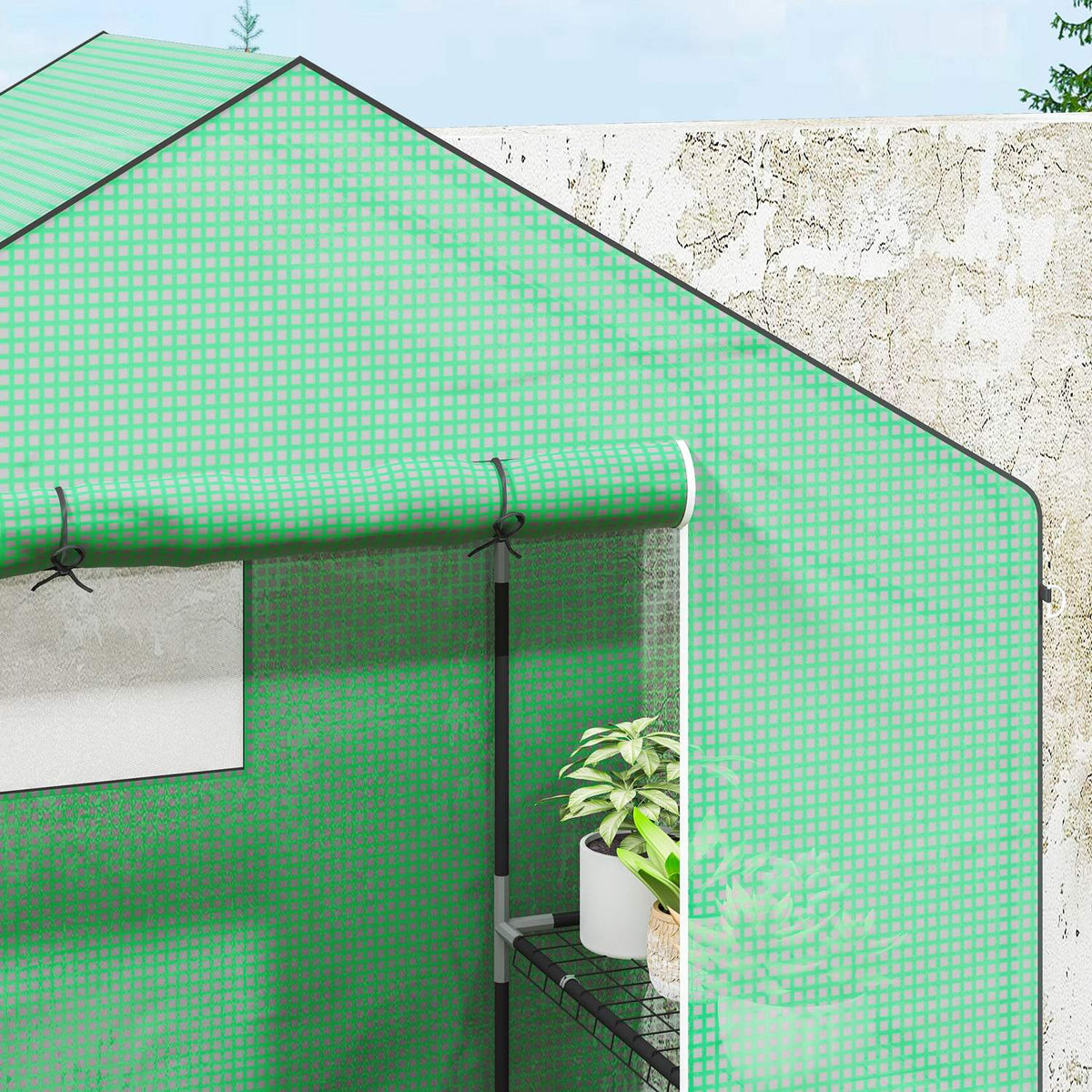 Greenhouse with rolling door, windows, shelves, winterproof steel foil greenhouse, greenhouse for balcony, garden, tomato house 143 x 74 x 190 cm, tomato greenhouse for tomatoes, vegetables, green