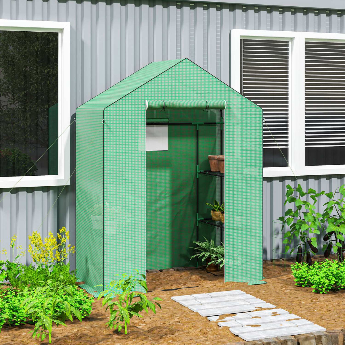 Greenhouse with rolling door, windows, shelves, winterproof steel foil greenhouse, greenhouse for balcony, garden, tomato house 143 x 74 x 190 cm, tomato greenhouse for tomatoes, vegetables, green