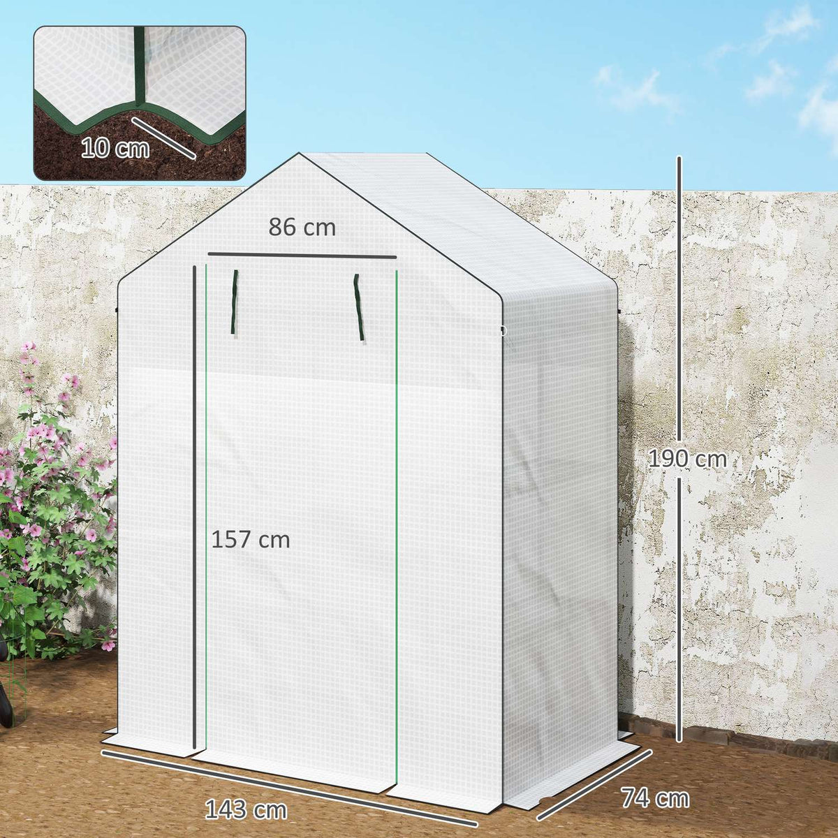 Greenhouse with rolling door, windows, shelves, winterproof steel foil greenhouse, greenhouse for balcony, garden, tomato house 143 x 74 x 190 cm, tomato greenhouse for tomatoes, vegetables, white