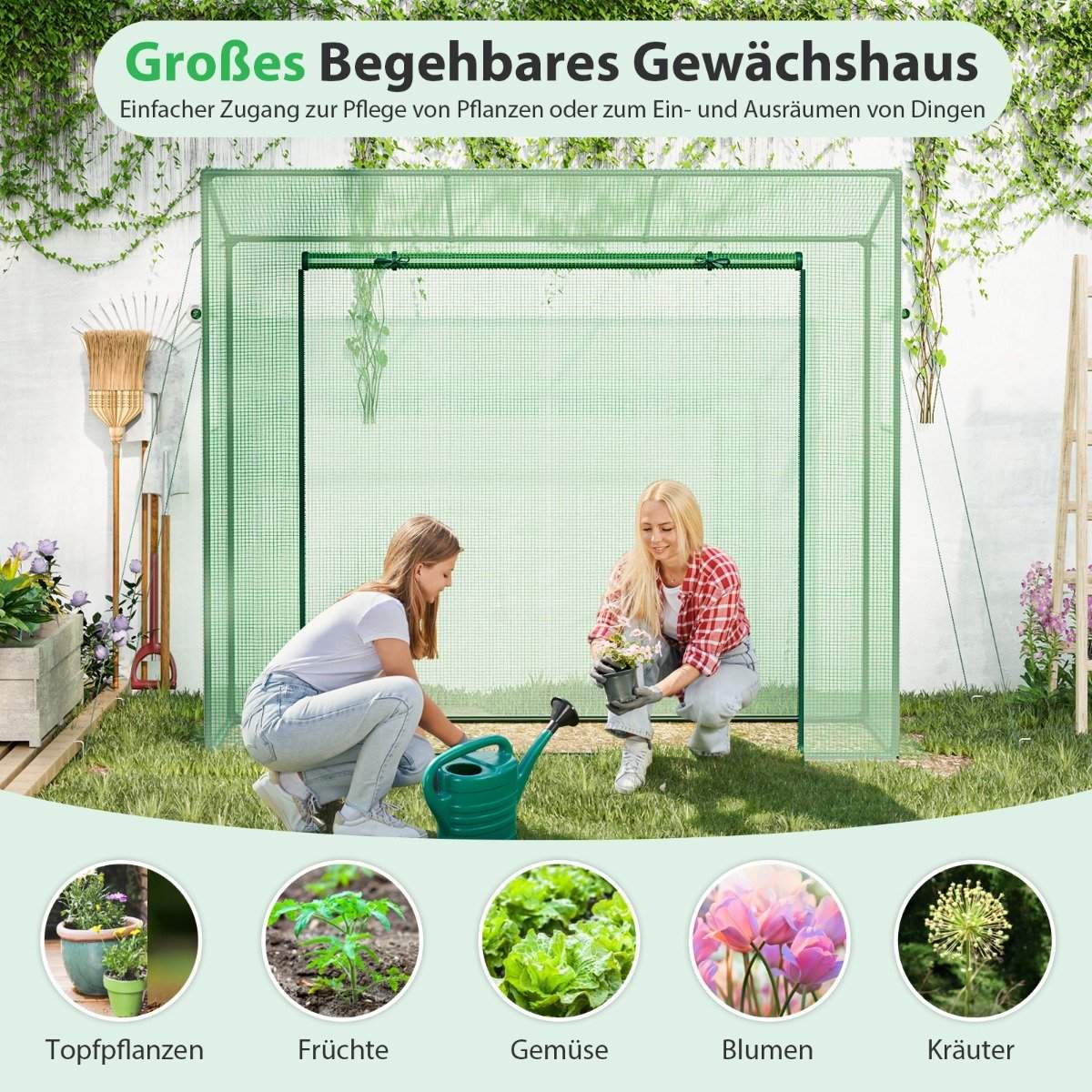 Greenhouse with roll-up door & 2 mesh windows, foil greenhouse 200 x 77 x 169 cm green