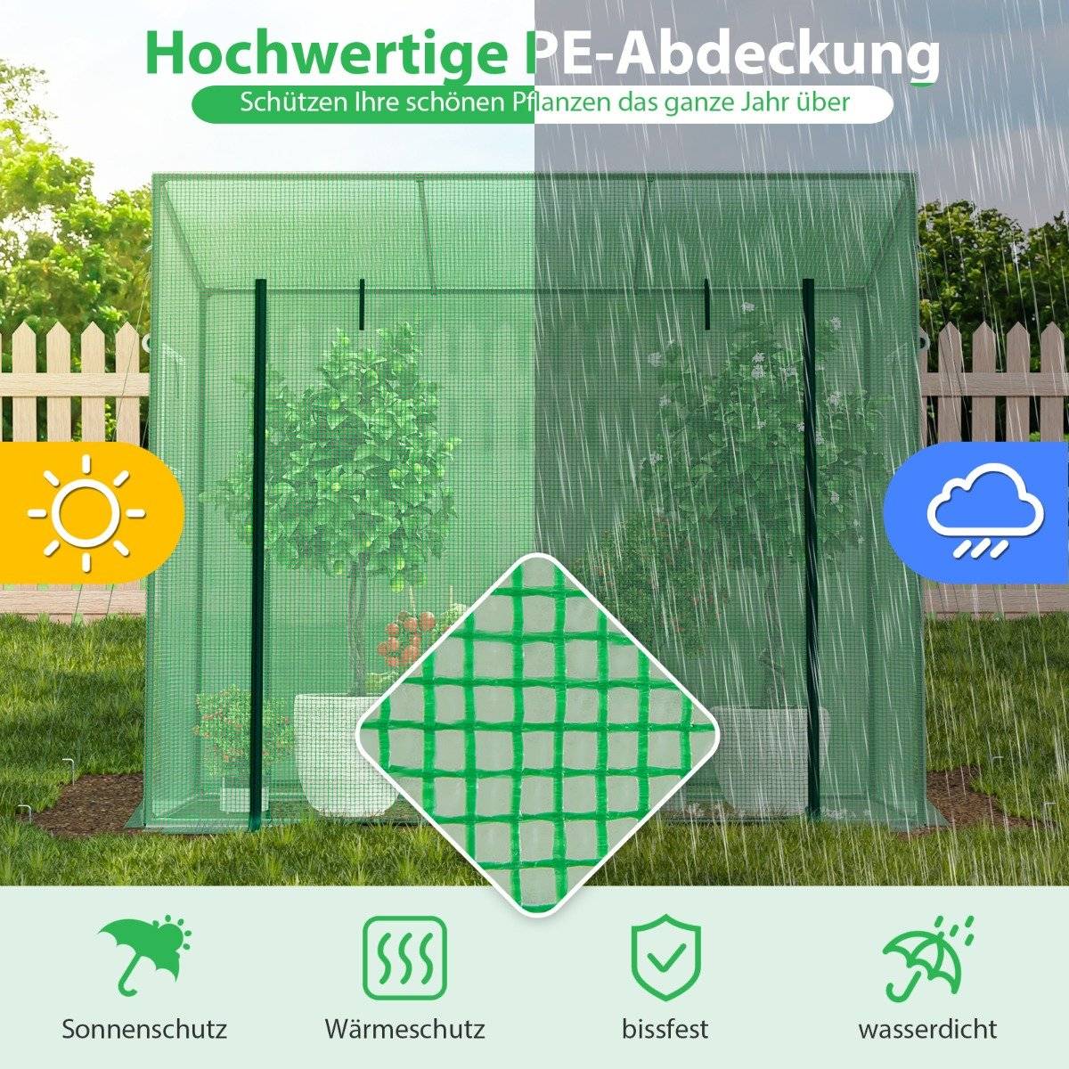Greenhouse with roll-up door & 2 mesh windows, foil greenhouse 200 x 77 x 169 cm green