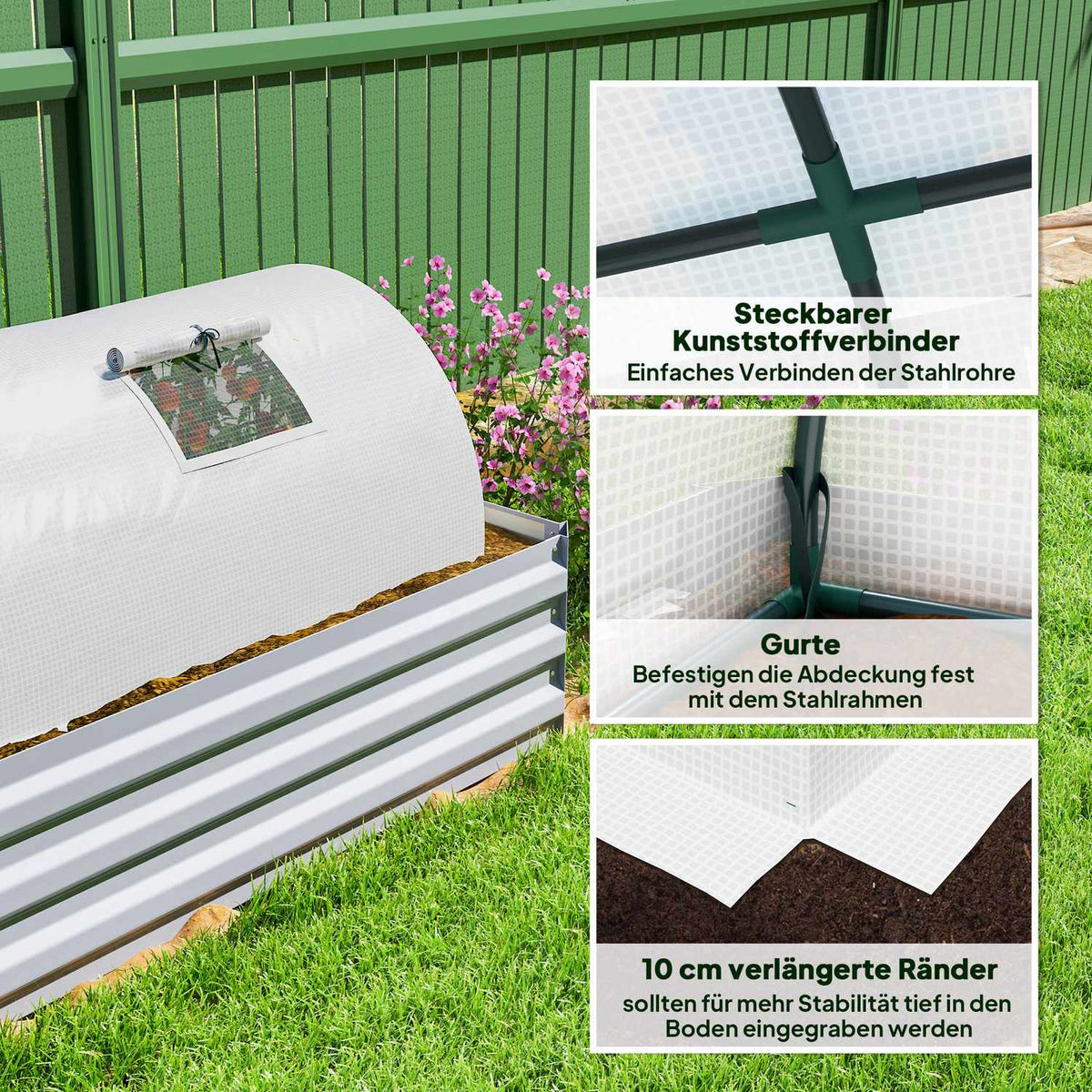 Greenhouse with roll-up window, round roof, winter-proof, foil greenhouse made of steel, water-repellent, greenhouse for balcony, tomato house with UV protection, 200 x 80 x 45 cm, tomato greenhouse for vegetables, green