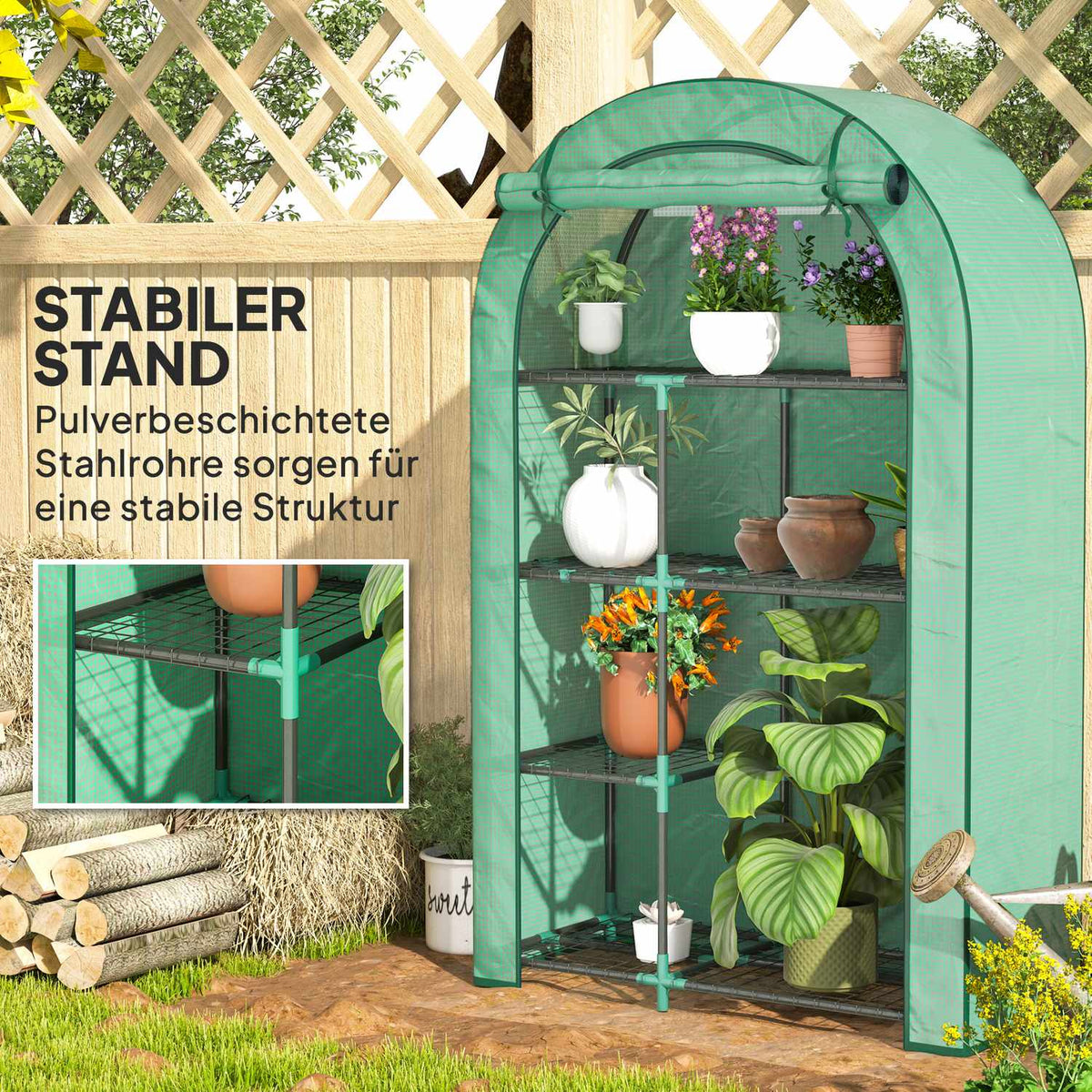 Greenhouse with round roof door, shelves, winterproof foil greenhouse made of steel, greenhouse for balcony, garden, tomato house 100 x 45 x 160 cm, tomato greenhouse for tomatoes, vegetables, flowers, green