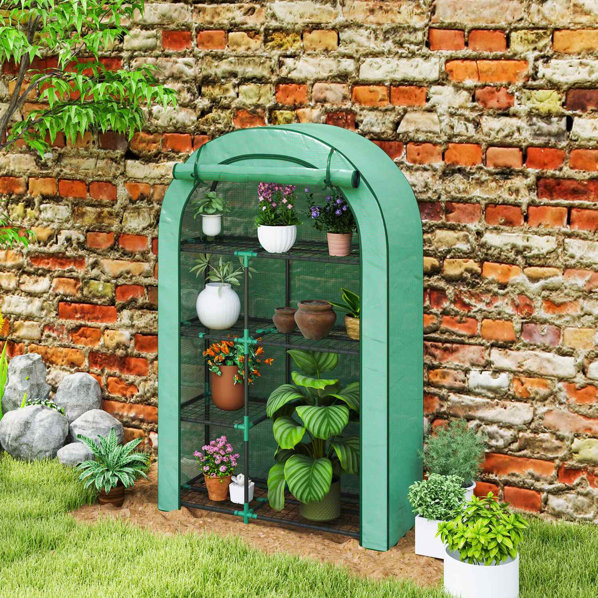 Greenhouse with round roof door, shelves, winterproof foil greenhouse made of steel, greenhouse for balcony, garden, tomato house 100 x 45 x 160 cm, tomato greenhouse for tomatoes, vegetables, flowers, green