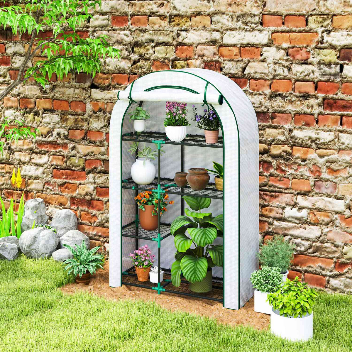 Greenhouse with round roof door, shelves, winterproof steel foil greenhouse, greenhouse for balcony, garden, tomato house 100 x 45 x 160 cm, tomato greenhouse for tomatoes, vegetables, flowers, white