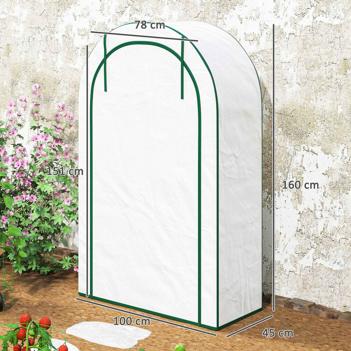 Greenhouse with round roof door, shelves, winterproof steel foil greenhouse, greenhouse for balcony, garden, tomato house 100 x 45 x 160 cm, tomato greenhouse for tomatoes, vegetables, flowers, white