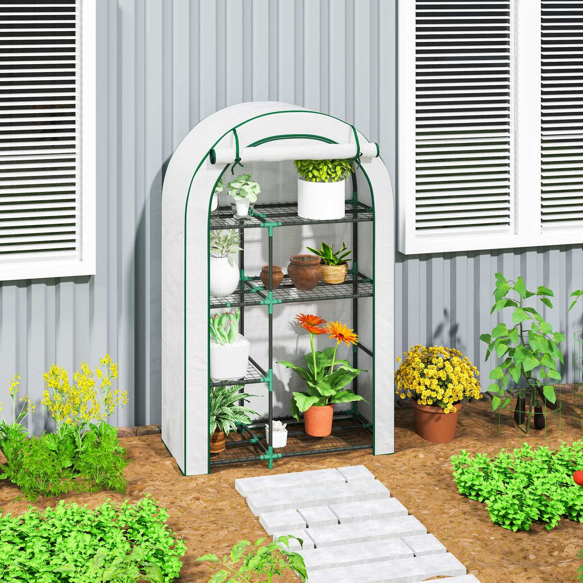 Greenhouse with round roof door, shelves, winterproof steel foil greenhouse, greenhouse for balcony, garden, tomato house 100 x 45 x 160 cm, tomato greenhouse for tomatoes, vegetables, flowers, white