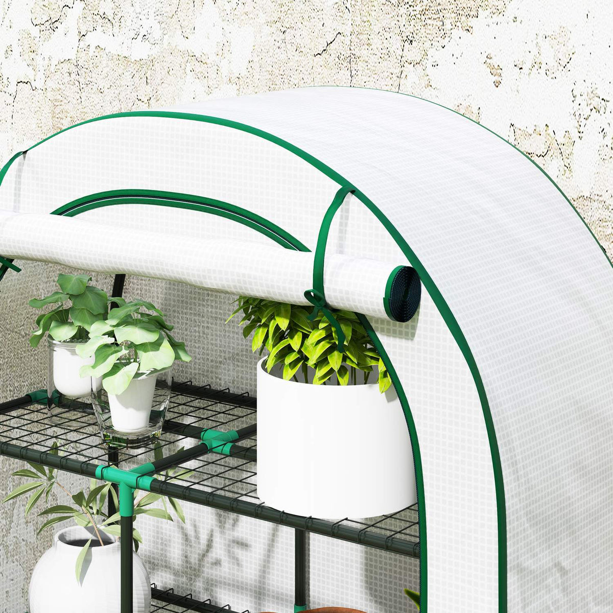 Greenhouse with round roof door, shelves, winterproof steel foil greenhouse, greenhouse for balcony, garden, tomato house 100 x 45 x 160 cm, tomato greenhouse for tomatoes, vegetables, flowers, white
