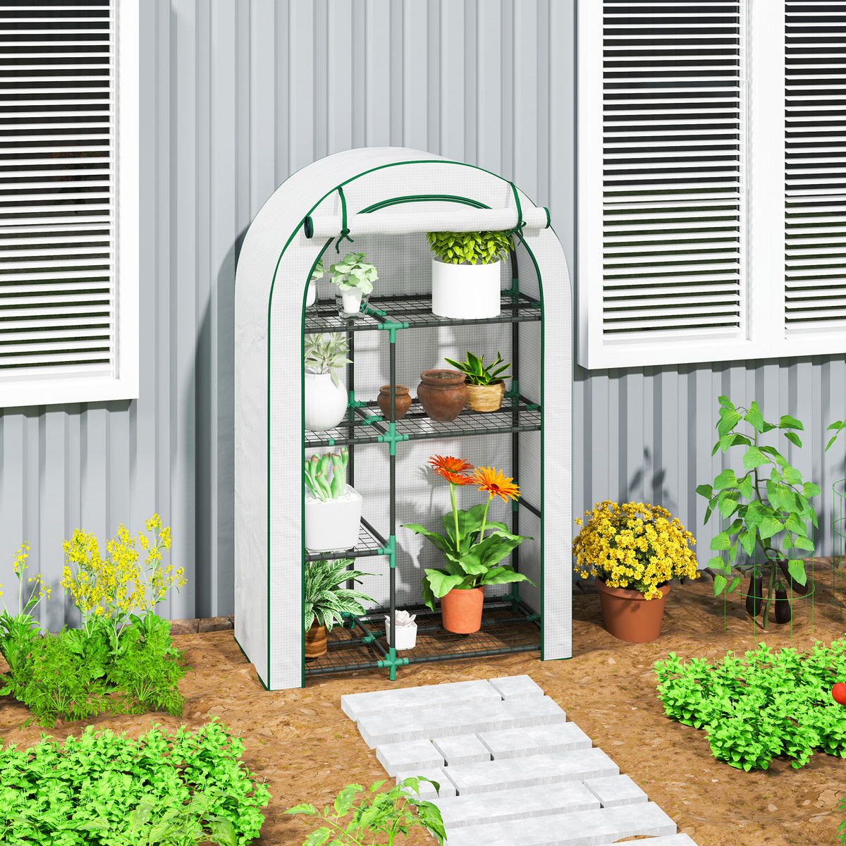 Greenhouse with round roof door, shelves, winterproof steel foil greenhouse, greenhouse for balcony, garden, tomato house 100 x 45 x 160 cm, tomato greenhouse for tomatoes, vegetables, flowers, white