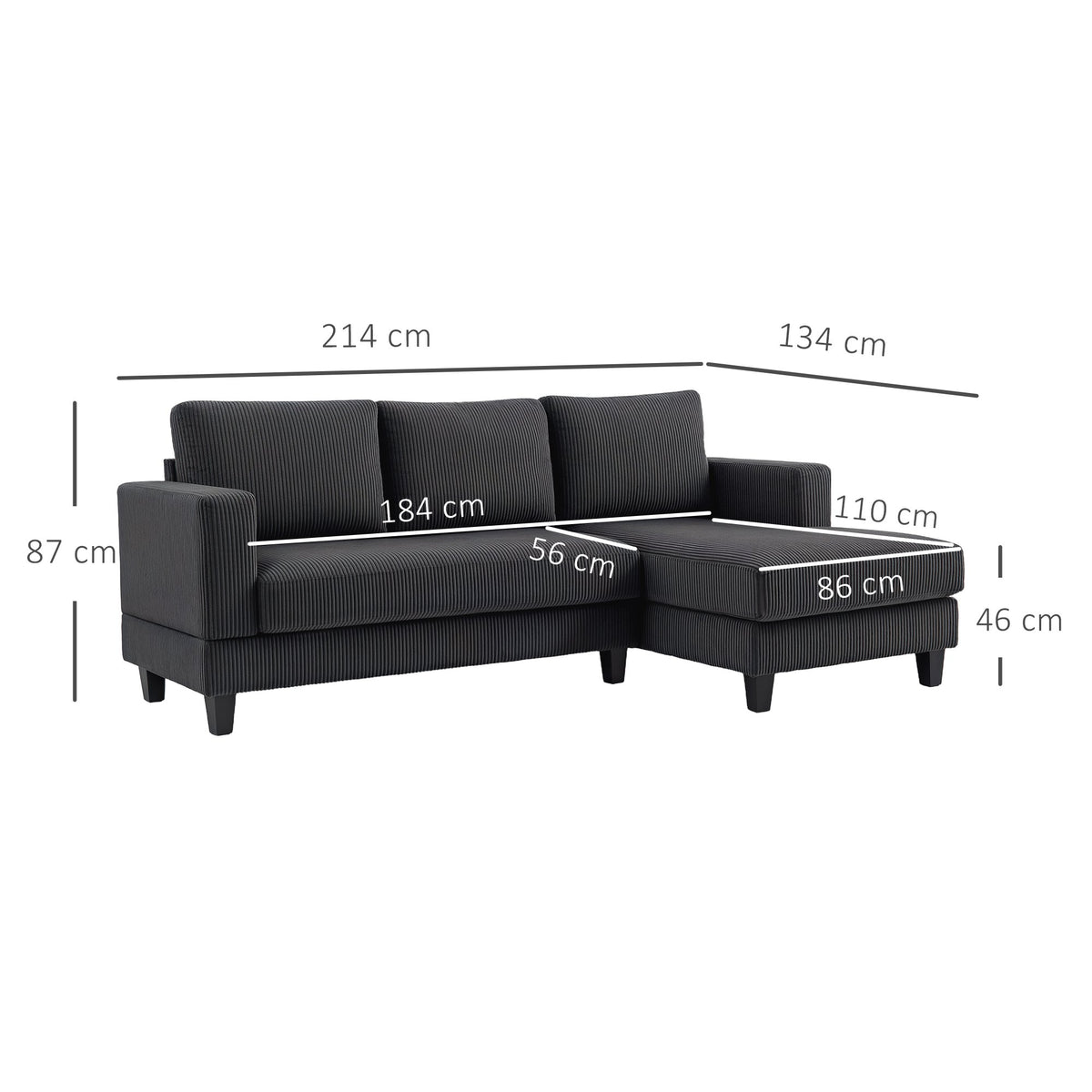Grey L-Shaped 3-Seater Sofa with Chaise, Cord Fabric