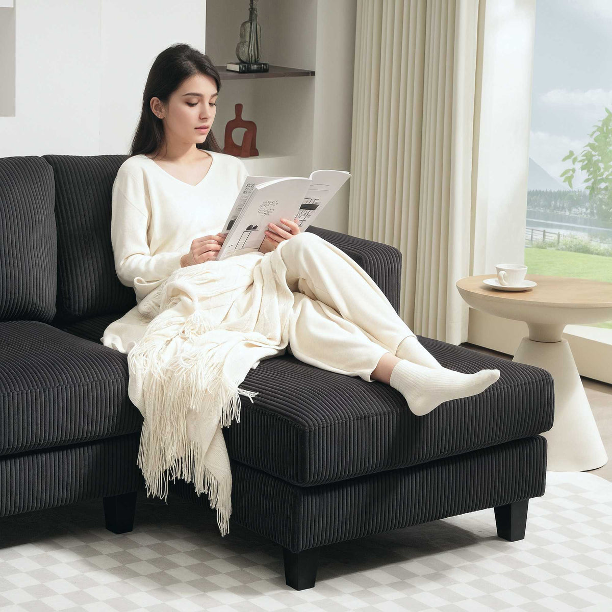 Grey L-Shaped 3-Seater Sofa with Chaise, Cord Fabric