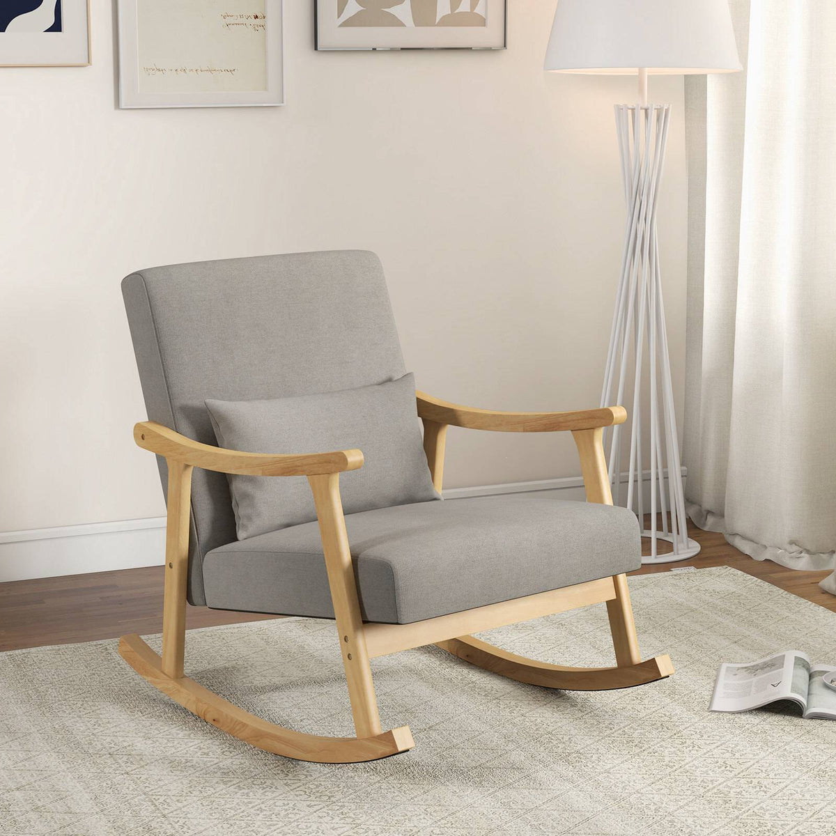 Grey Nursery Rocking Chair with Rubber Wood Armrests