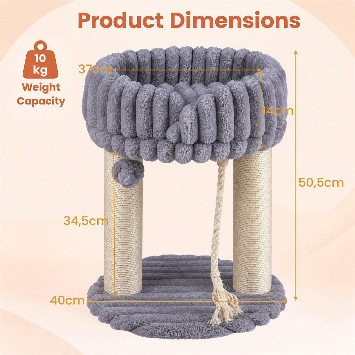 Grey Plush Cat Tree with Sisal Posts, 40x40x50.5 cm