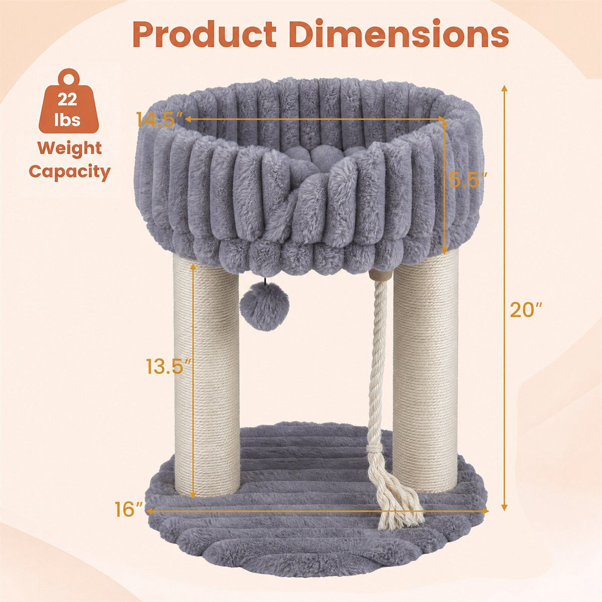 Grey Plush Cat Tree with Sisal Posts, 40x40x50.5 cm