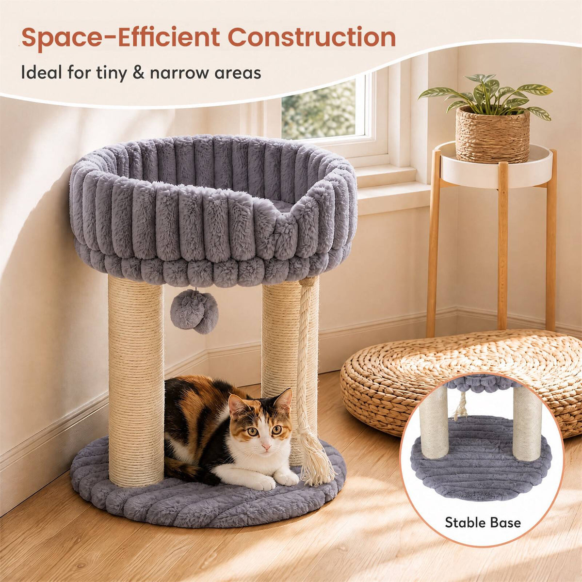 Grey Plush Cat Tree with Sisal Posts, 40x40x50.5 cm