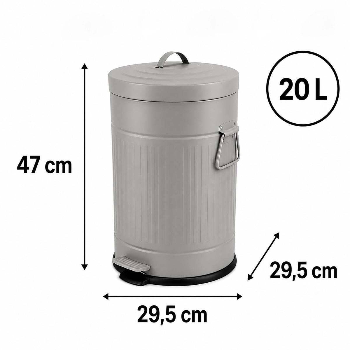 Grey Retro Pedal Bin, 20L, Soft-Close, Kitchen/Office