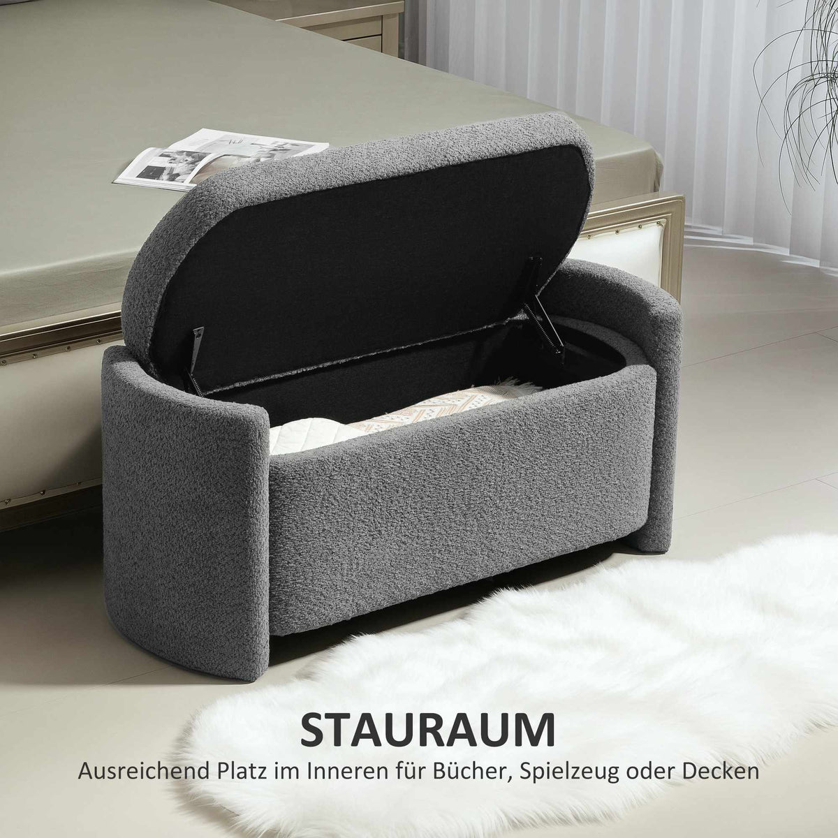 Grey Upholstered Storage Bench – 105 x 44 x 45.5 cm