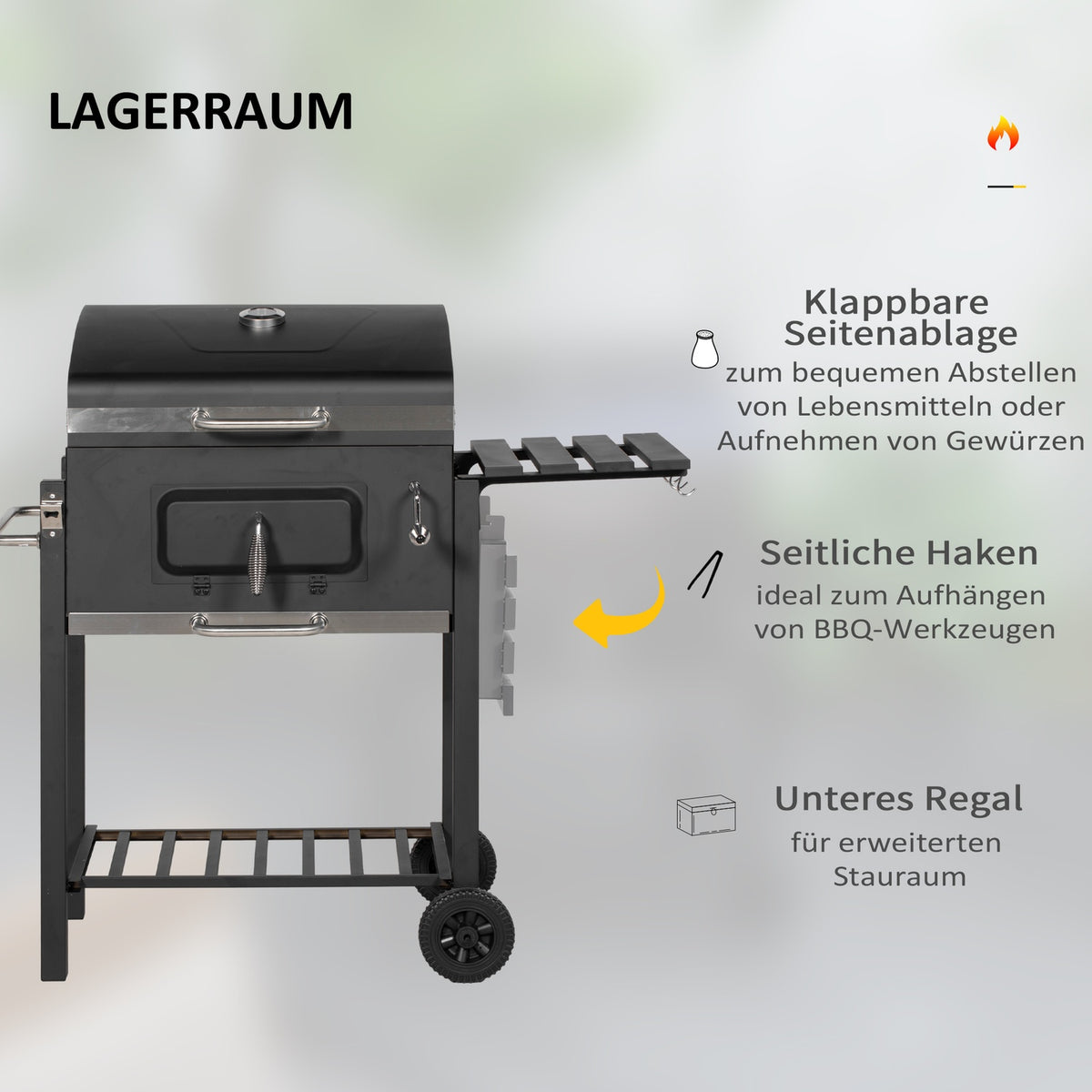 Grill Cart Charcoal Grill Bbq Standing Grill, Stainless Steel, Black, 113X65X108Cm