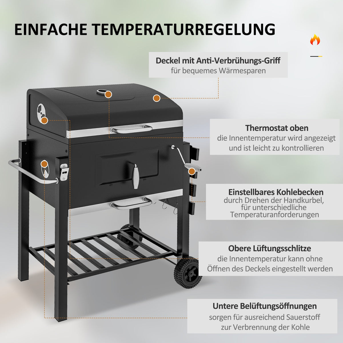 Grill Cart Charcoal Grill Bbq Standing Grill, Stainless Steel, Black, 113X65X108Cm